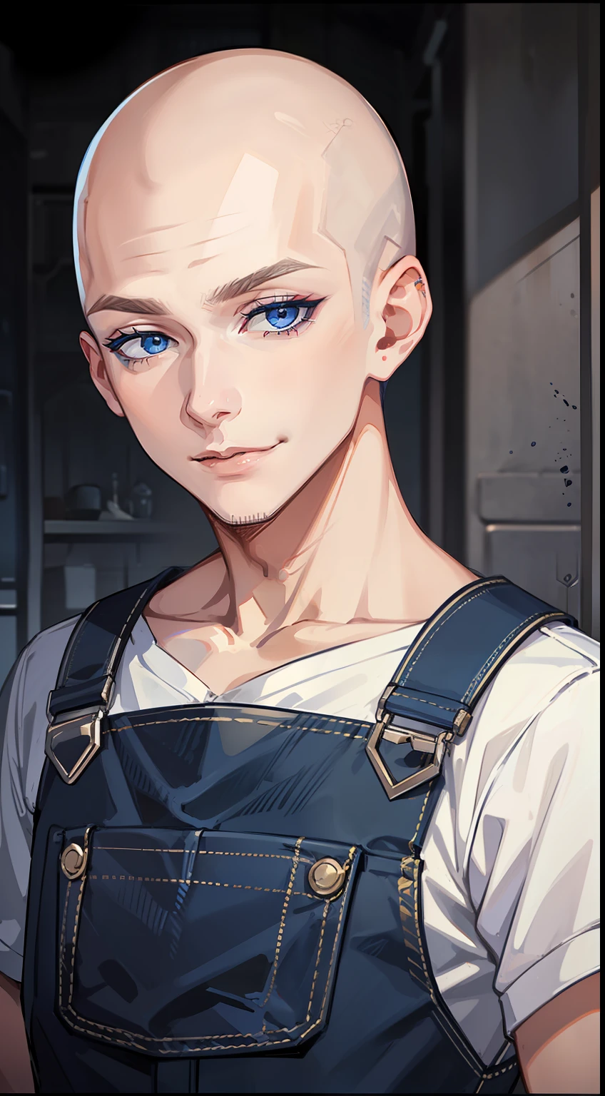 Young guy, bald, The eyes are blue, blue overalls, bloods, knife, smirk, eye shadow, Masterpiece, hiquality