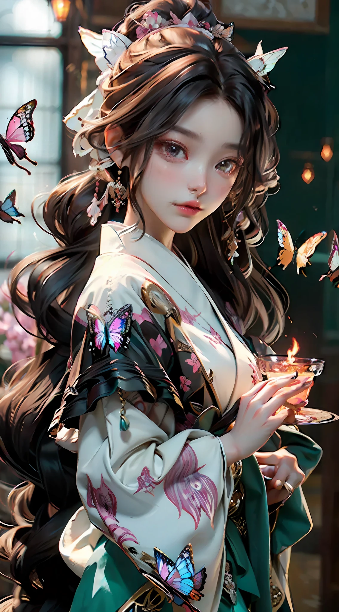(filigree,Sharp images,Hyper-Resolution,Extremely amazing detail,awe-inspiring detail),tmasterpiece,best qualtiy,high qulity,(1girll:1.2),Butterfly demon,feelers,youkai,moths,Long curly black hair,with brown eye,Kizi,Delicate facial features,curlies,Hair flying,Natural light,