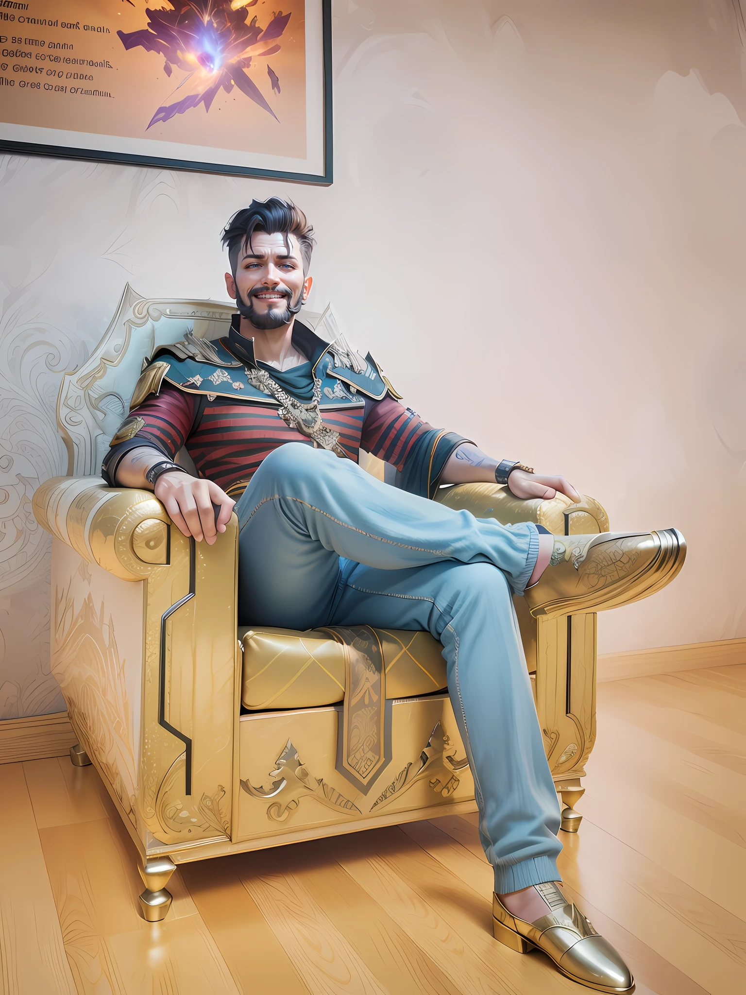 Fantasy, digital, throne, dual lighting, hdr, 8k, c4d, 3d, colourful, smile, old era army background, blasts in the sky, supreme quality, sharp focus, sharp detailed, same shoes, fantasy land base,