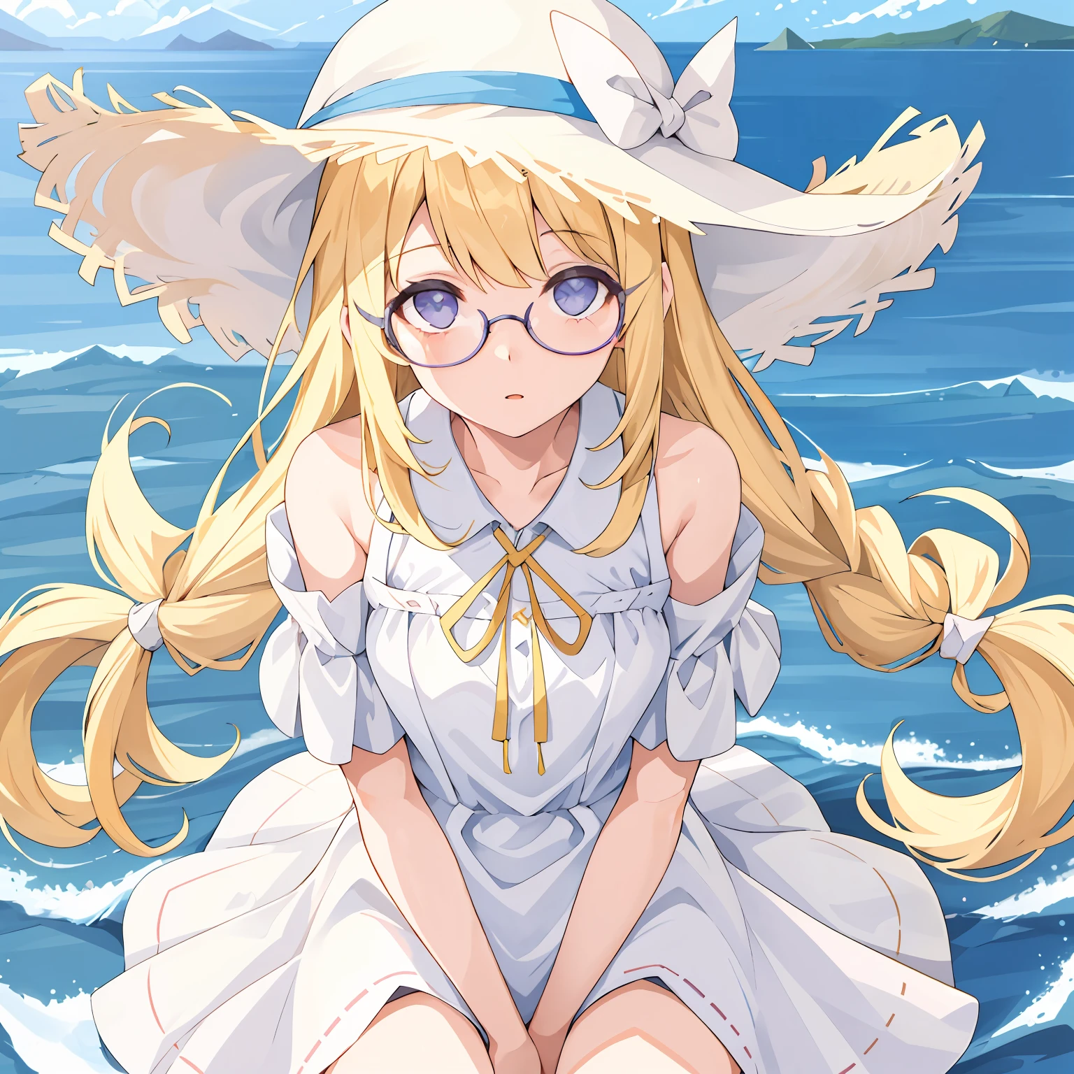 Girl with off-the-shoulders sitting on the beach，Wearing a white dress，Wearing a sun hat，She has long blonde hair，The eyes are light purple，Pasta ribbon in hand，Surrounded by sparkling waters and coastline，She also wears glasses。