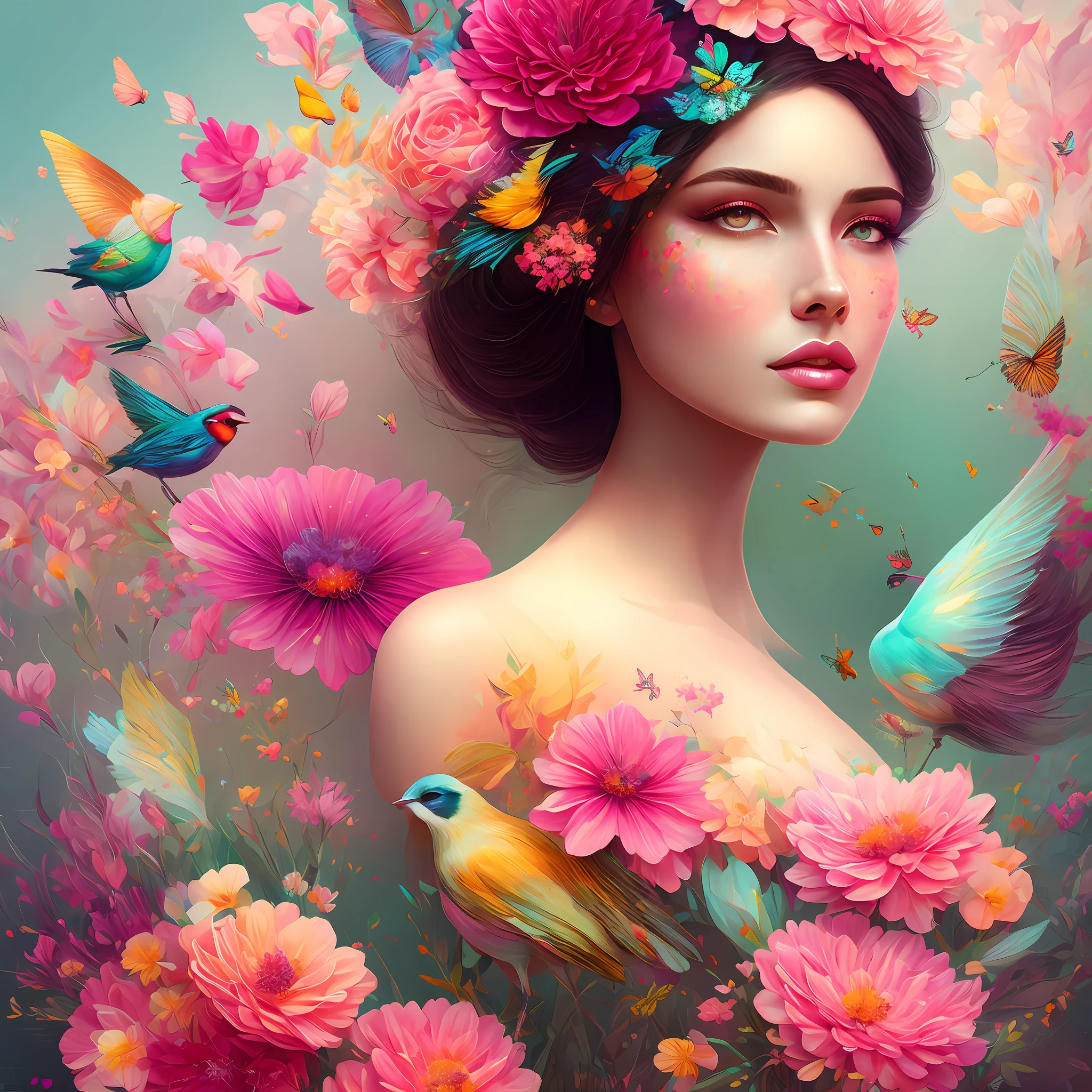 a close up of a woman with a flower in her hair, beautiful gorgeous digital art, a beautiful artwork illustration, beautiful digital artwork, in style of anna dittmann, big birds, colorful birds, spring birds, butterflies, colorful butterflies, branches with flowers, spring in background, pastel shades, neutral shades