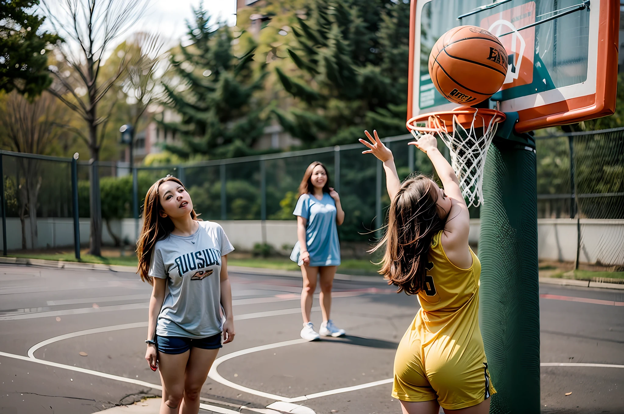 (Masterpiece), (intriciate detail), (Photorealistic:1.3), (film grain:1.3), 2 cute 22-year-old girls, Throwing a ball into a basketball hoop , Outdoor, Basketball playground on the street,