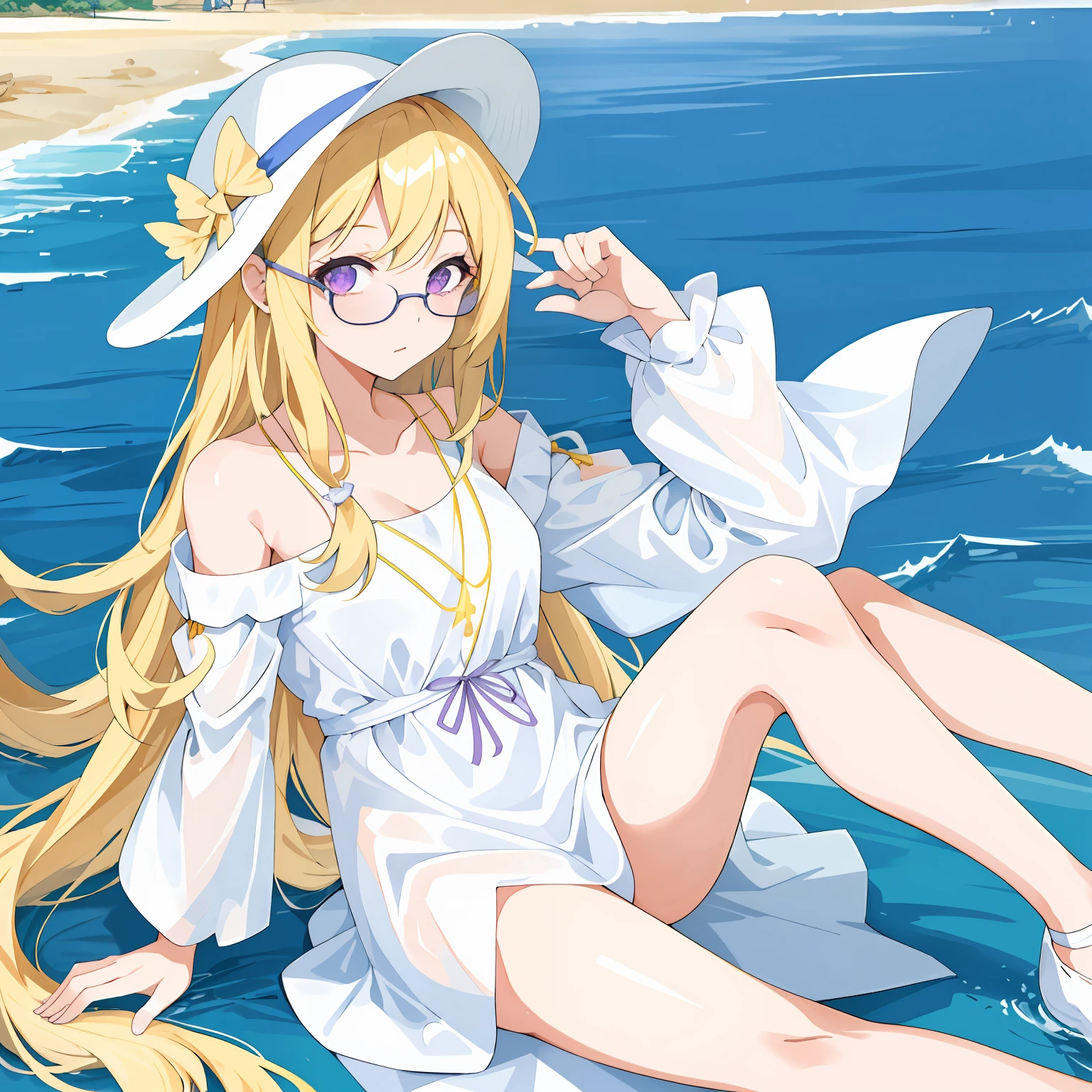 Girl with off-the-shoulders sitting on the beach，Wearing a white dress，Wearing a sun hat，She has long blonde hair，The eyes are light purple，Pasta ribbon in hand，Surrounded by sparkling waters and coastline，She also wears glasses。