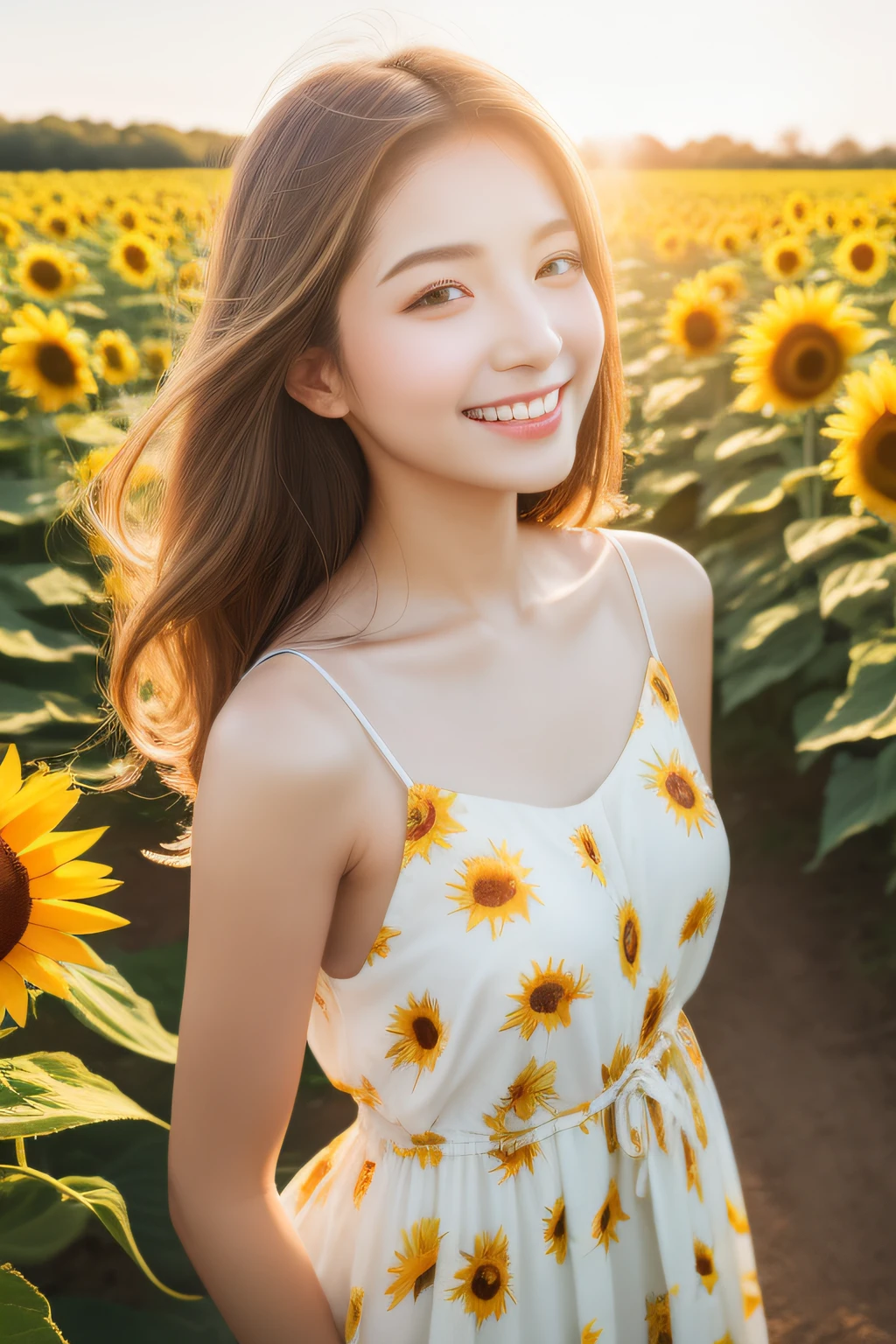 best qualtiy，tmasterpiece，超A high resolution，（真实感：1.4），RAW photogr，1girl in，robe blanche，cropped shoulders，Blooming sunflower field，Glowing skin，lightsmile