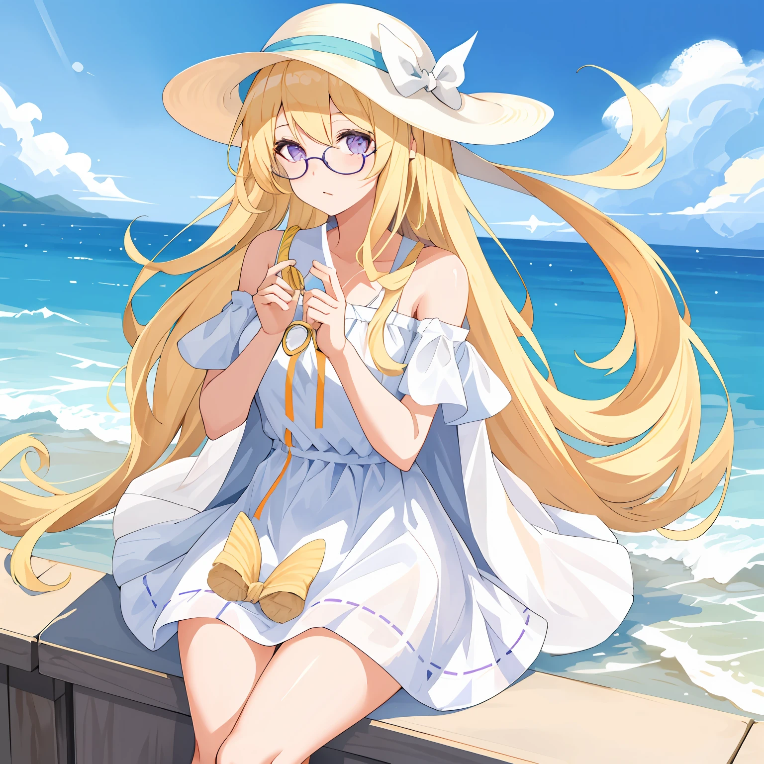 Girl with off-the-shoulders sitting on the beach，Wearing a white dress，Wearing a sun hat，She has long blonde hair，The eyes are light purple，Pasta ribbon in hand，Surrounded by sparkling waters and coastline，She also wears glasses。