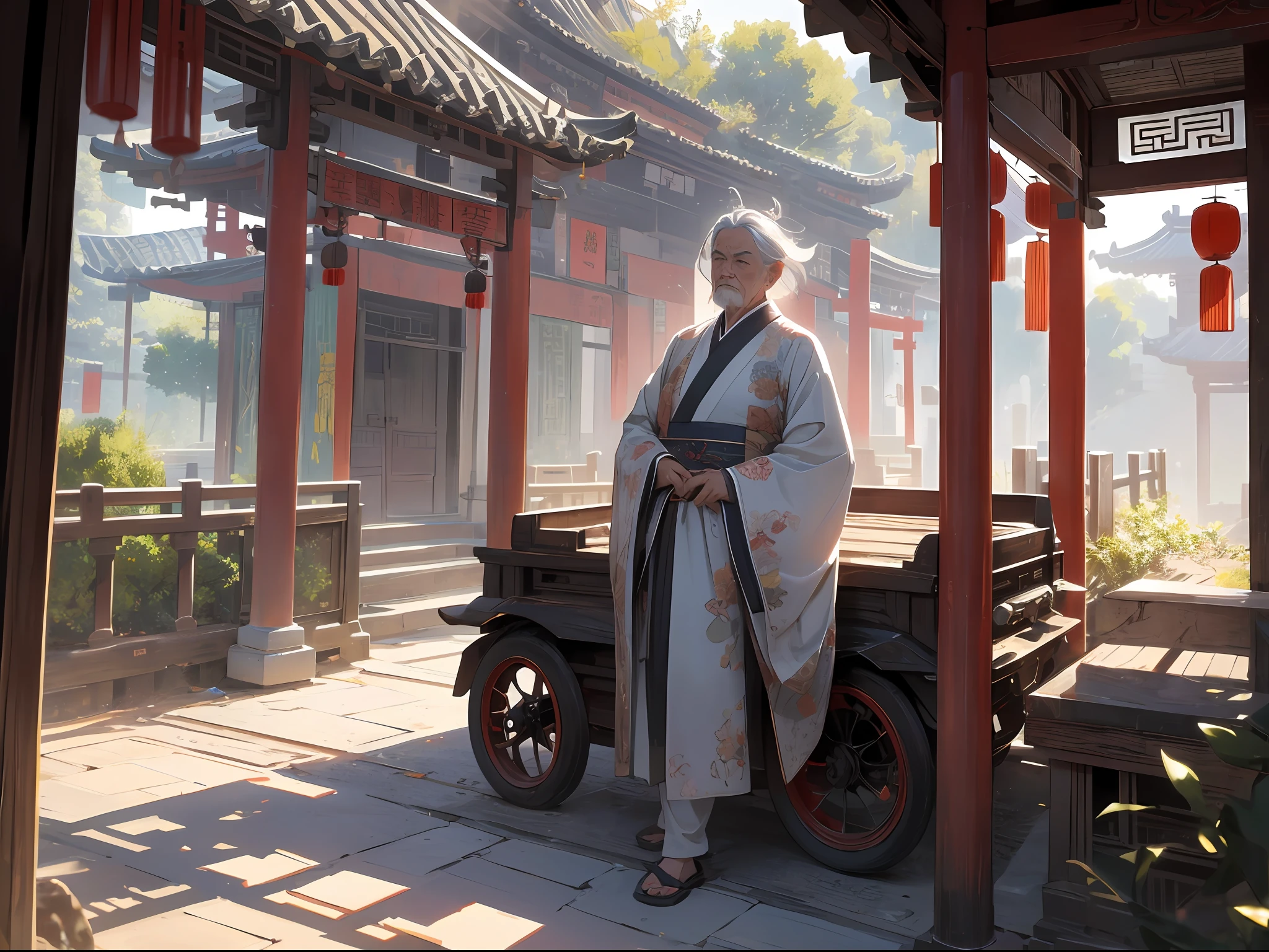 Masterpiece, Best quality,On winding dirt roads,An ancient Chinese palanquin,A short white hair can be seen inside the window、Old man with a wrinkled face,Dressed in Hanfu,