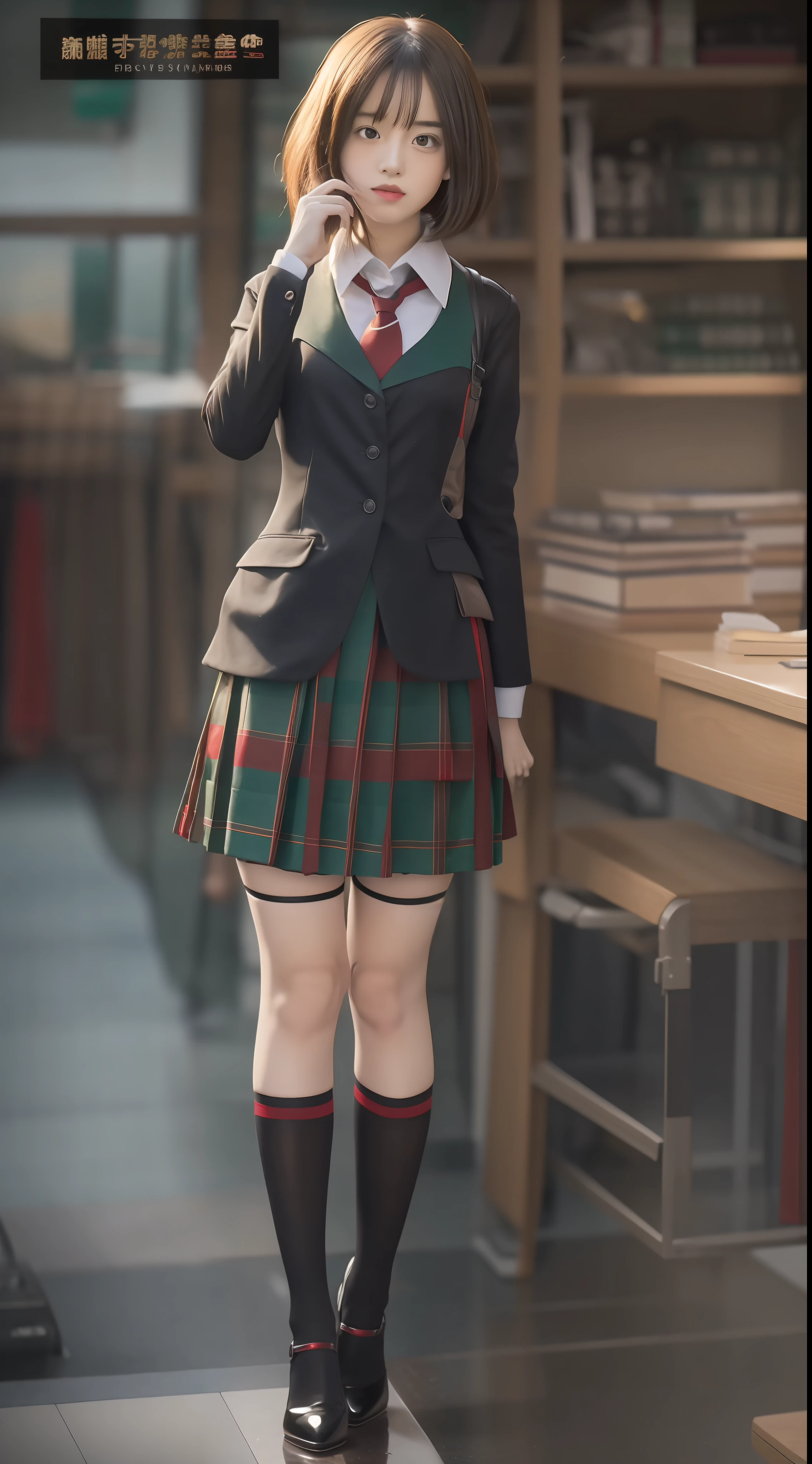 Red and green color scheme,Student uniform,JK school uniform,Female pervert,Uniform heels,(Full Focus),(Full body shot :2),Must have stockings,Stockings at least knee-length,Puzzles are prohibited, Detailed and complex background, glittery, reflective light, hyper HD, Award-Awarded, A high resolution, High detail, Chiaroscuro, Cinematic lighting, Masterpiece, Ray traching,structurally correct, Super detail, High quality, High details, Best quality, 16k,anatomy correct