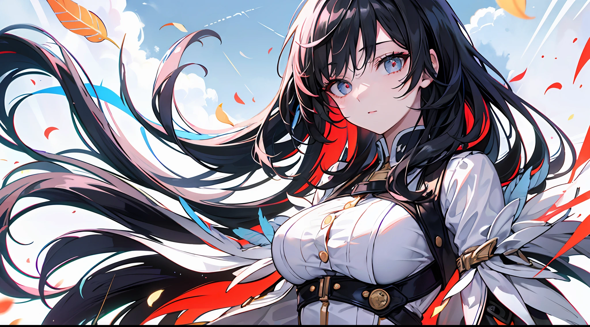 1girly,full - body,(Goldeneye),(redeyes),(Colored feathers),(Moe girl:1.1),Nice detailed eyes，Colored hair，Very long hair，tiny breast，（looks at the viewer），stylish，cwoman，full of energy，outfits，Q version，front facing，Colorful，Dynamic，backgrounds，Elemental，Be confident，expressively，Hold，statement，fittings，Majestic，coil，around，Touch the，Scenes，attention-grabbing，stylish，bigger，Smart，modern day，stylish, focal point, stylish,,white background,The Masterpiece，the best qualityt，（the best qualityt), ((Masterpiece)), (high - resolution), Original Painting, Extremely detailed 8k wallpaper, (anextremely delicate and beautiful),((Detailed face)), beautifuldetailedeyes, Hair flutters in the wind, disheveledhair, lens flares,