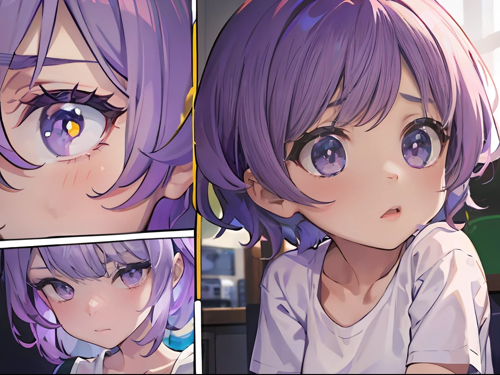A 5 year old girl，closeup cleavage，Purple hair big breasts，short detailed hair，White T-shirt，purple-eyed，Expression of grievance