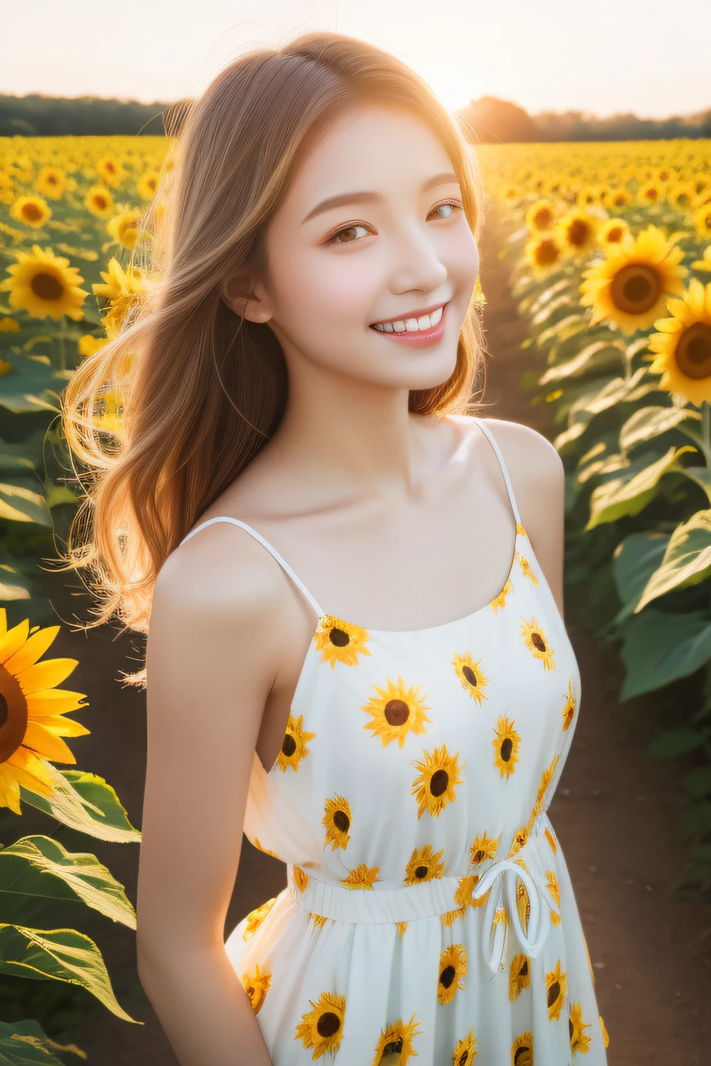 best qualtiy,tmasterpiece,超A high resolution,(真实感:1.4),RAW photogr,1girl in,robe blanche,cropped shoulders,Blooming sunflower field,Glowing skin,lightsmile