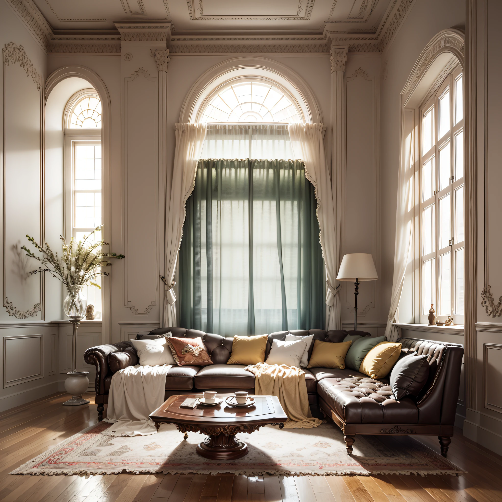 The living room is spacious and bright, with high ceilings with fine reliefs and meticulous carvings, expensive oil paintings on the walls and thick and soft carpets on the floor. A gorgeous sofa rests against the wall, and a coffee table made of solid wood is placed in the center, next to two delicate hemp rope cushions.

The window is closed, and a huge beige curtain hangs, which looks very gorgeous. But even more striking is the spectacular Roman curtain hanging from beneath the curtain. The fabric of the Roman curtain is soft and smooth, rich and saturated in color. The entire Roman curtain has only one layer, and the folds are uniform and regular, which is amazing for this delicate detail.

Sunlight shines through the windows and into the room, making the Roman curtains even more dazzling. The shadows and highlights on each fold are enough to give a sense of their three-dimensionality. The design of the Roman curtain is delicate and intricate, with each fold perfectly and naturally connected to form a visual feast comparable to a hotel lobby.

The whole scene exudes a noble and palatial atmosphere, making people feel like they are in a luxurious mansion, admiring the ultimate comfort and natural beauty brought by Roman curtains. Live shooting, surrealism