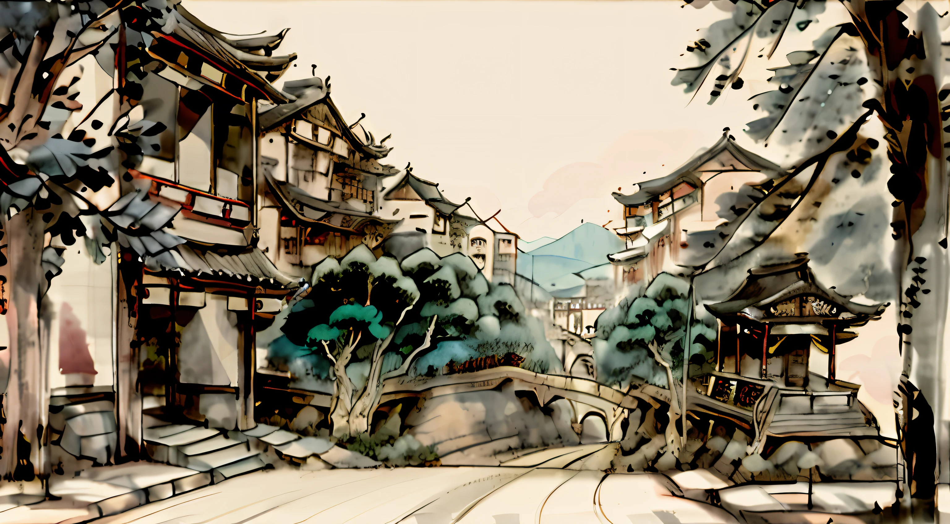 Street painting with buildings as a background, traditional japanese concept art, japanese town, dreamy Chinese towns, Chinese watercolor style, japan watercolour, landscape artwork, Japanese village, street japan, Beautiful image, Japan city, Anime landscape concept art, old japanese art, japanese scenery in edo period, traditional korean city, Japan rural town