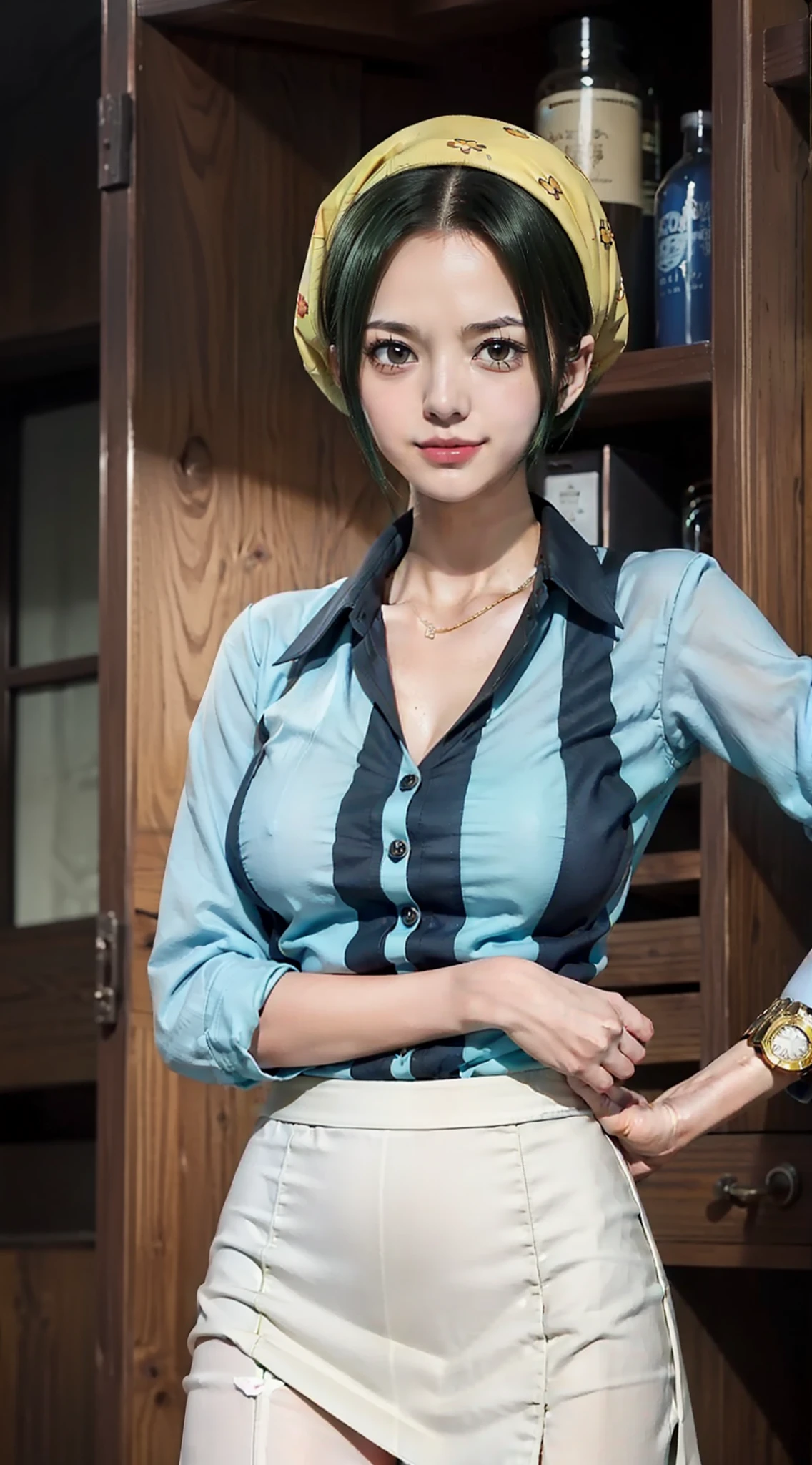 Makino from anime one piece, short hair, green hair, beautiful, beautiful girl, tall girl, perfect body, full body, slightly smiling, standing, white shirt, wearing a headscarf, wearing a cloth skirt