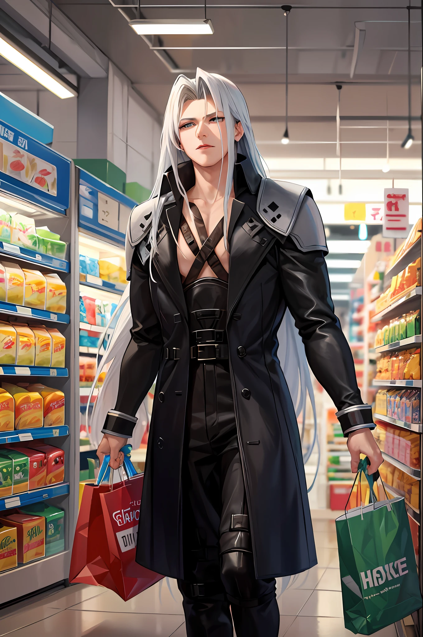 (masterpiece, best quality:1.2), ultra high res, absurdres, sharp focus, dynamic pose, (1boy:1.1), male focus,
(Sephiroth, Sephiroth /(Final Fantasy/):1.1), one-winged angel, coat, tunic, pants, (looking away:1.1),
standing, shopping, (plastic bag:1.0),
indoors, supermarket, convenience store,
detailed background, brilliant colorful, subsurface scattering, volumetric lighting, extremely detailed