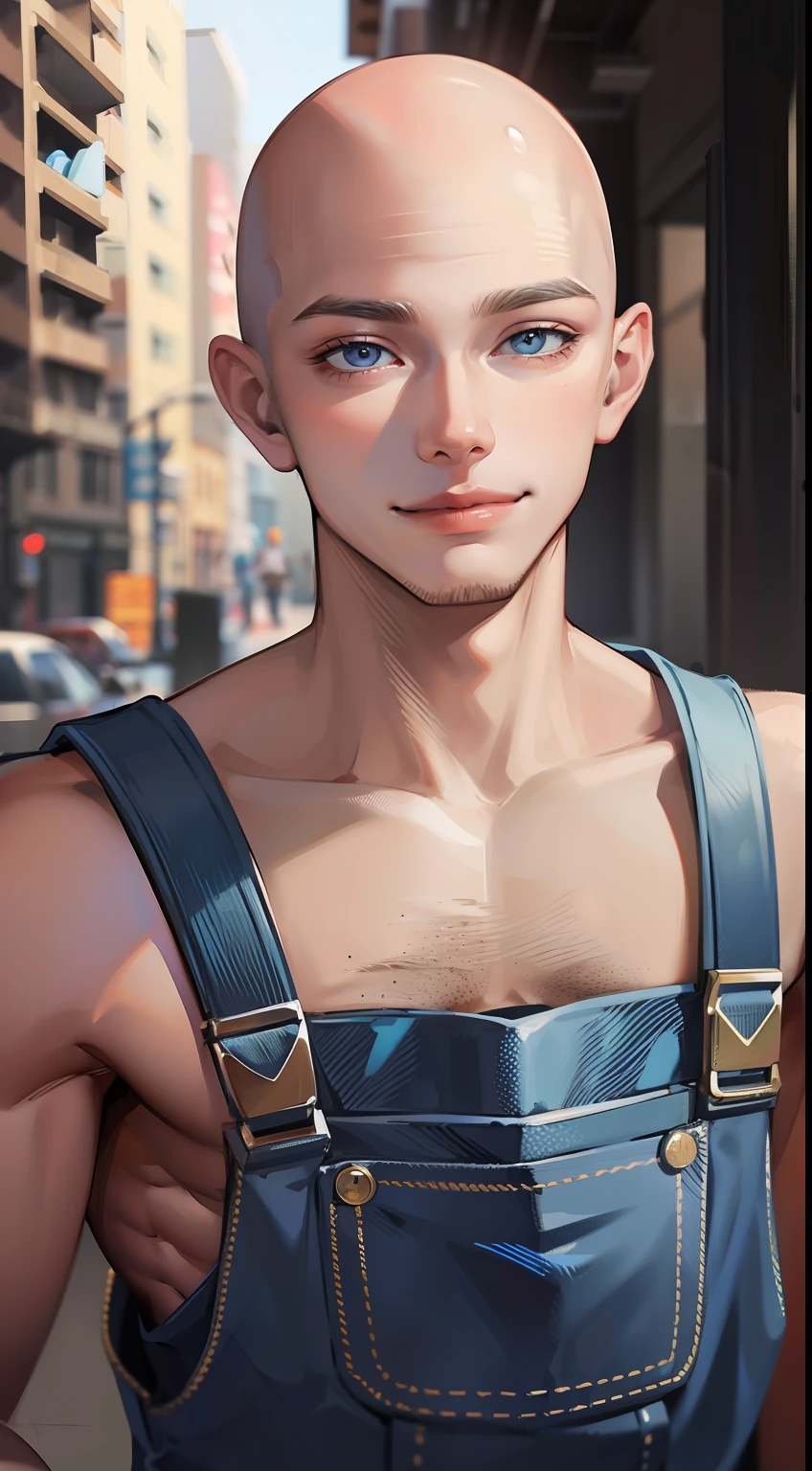 Young guy, bald, The eyes are blue, blue overalls, bloods, knife, smirk, Masterpiece, hiquality