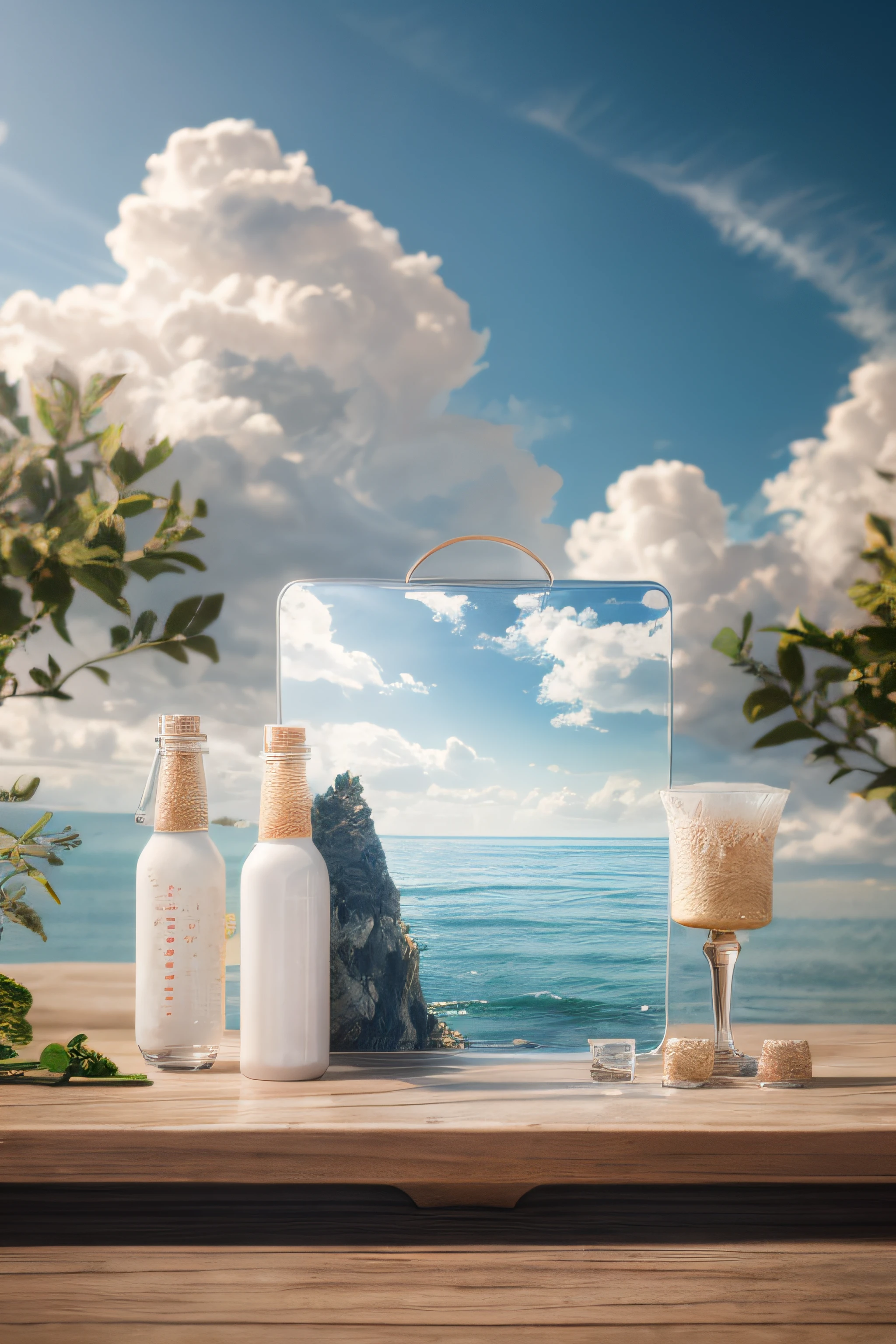 夏天，with blue sky and white clouds, The background is the sea, Depth of field,  hyper HD, ccurate, High details, Textured skin, High quality, Best quality, A high resolution, Award-Awarded, Anatomically correct, 巨作