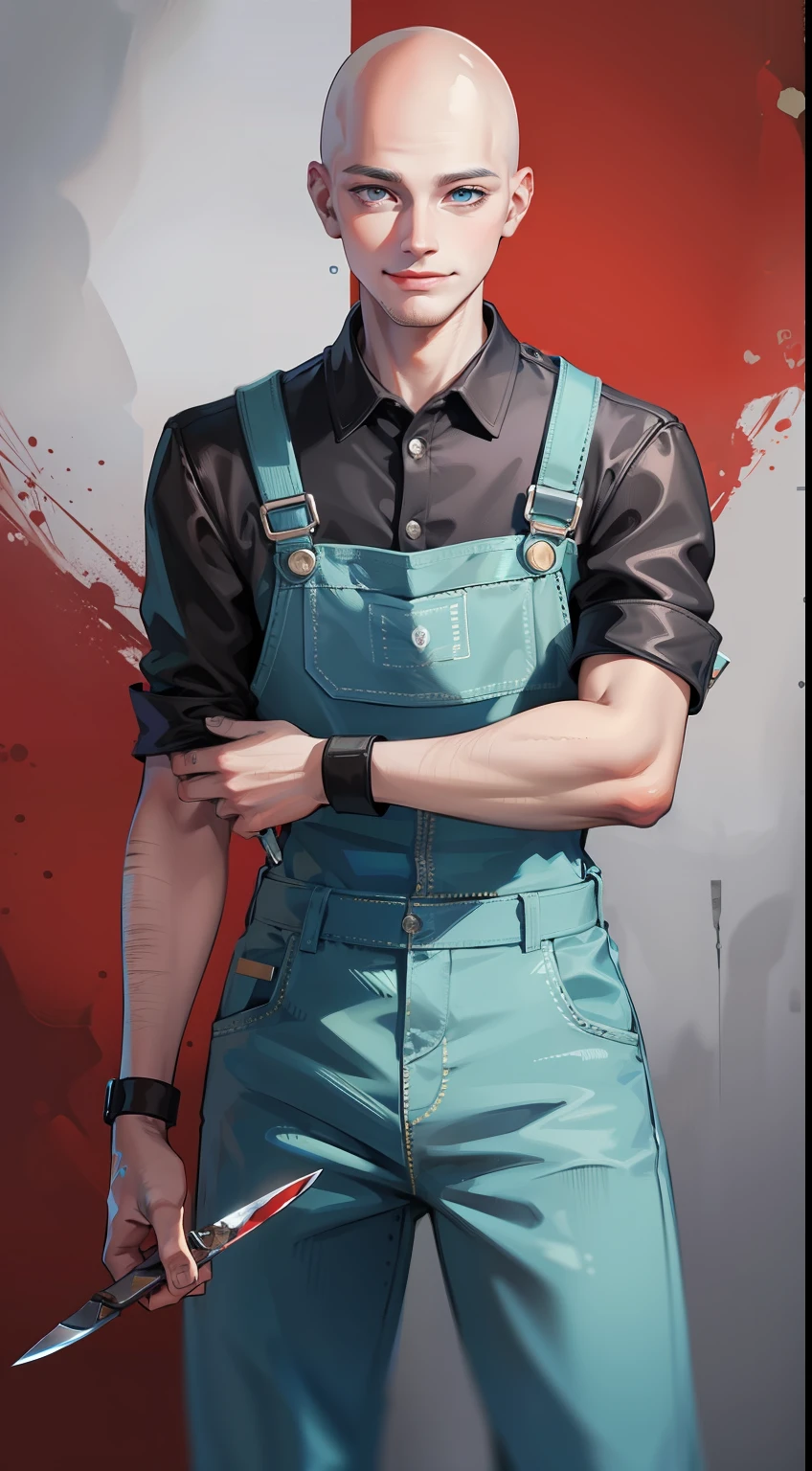 Young guy, bald, The eyes are blue, blue overalls, bloods, knife, smirk, Masterpiece, hiquality