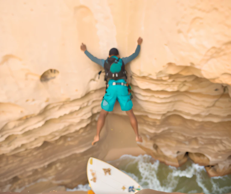 Arafard on a surfboard in the middle of the waves, Fall off a cliff, climbing up a cliffside, falling sand inside, climber, Above the cliff, Rock climbers, incredible depth, amazing depth, Carve their own people out of stone, Dangerous cliffside, swinging on a vine over a chasm, climbing, his body buried in the sand