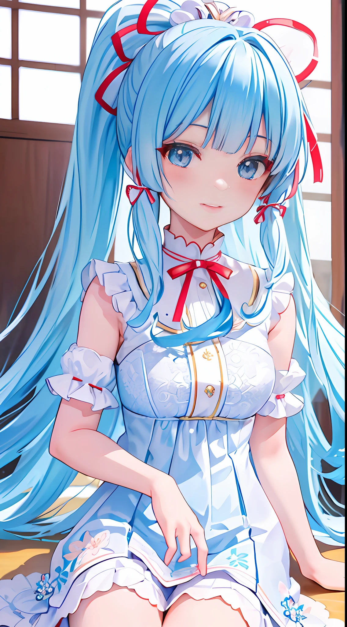 (masterpiece, best quality, ultra-detailed, best shadow), (beautiful detailed face, 1girl, solo), high contrast, (best illumination, an extremely delicate and beautiful), depth of field, soft lighting, absurdres, look at the viewer, kamisato ayaka \(flawless radiance\), (light blue hair, ice blue eyes, cute face, long hair), kamisato ayaka, ponytail, kote, kusazuri, blunt bangs, hair ribbon, red ribbon, (white wedding dress)medium breasts, day, flower, colorful, hyper detail, dramatic light, intricate details, liptick, smile, sitting