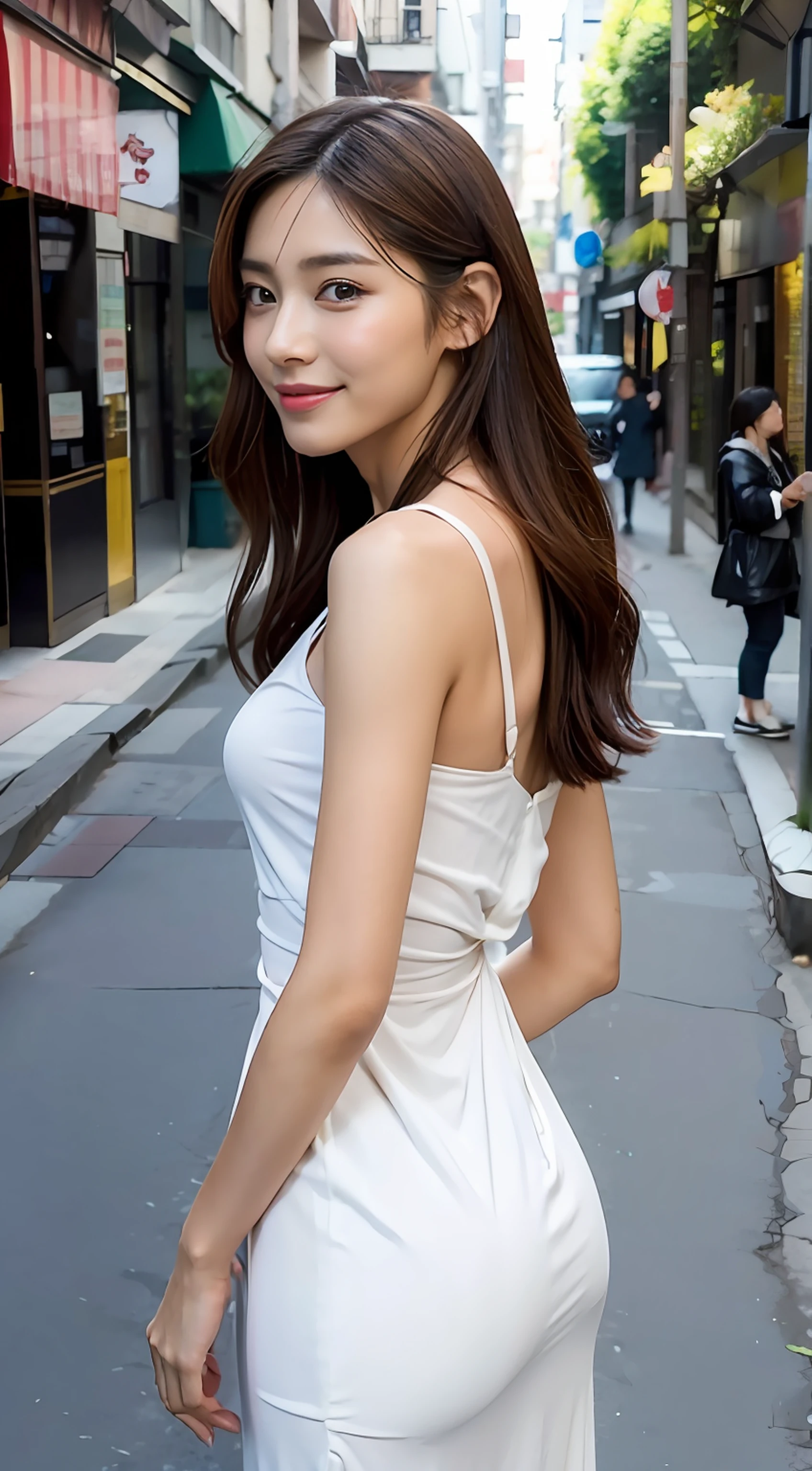 ((best qualtiy,8K,tmasterpiece:1.3)), 1girll, ssmile, full bodyesbian, Slim Faces, Beautiful woman, (dark brown hair),(Nudity 1:3), Super detailed face, Detailed eyes, 二重まぶた, blur backgroun, Slim Faces, 城市, do lado de fora, the street,