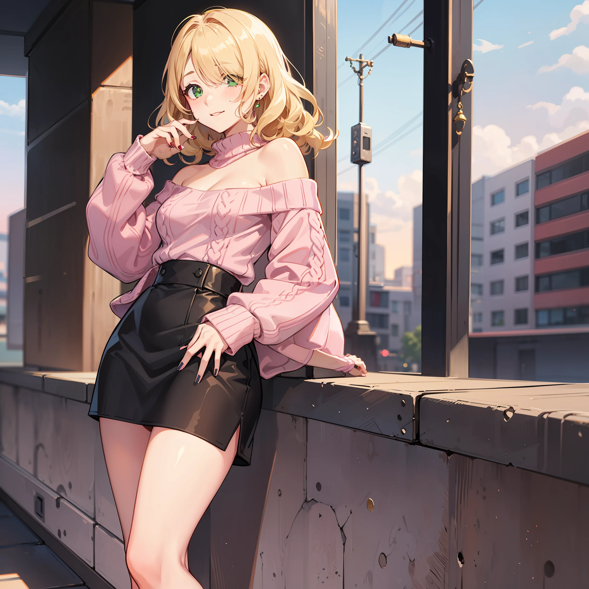 blonde hair, 1girl, curly hair, (medium hair:1.4), green eyes, soft smile, hair over one eye, pink sweater, off shoulder sweater, black skirt, half body portrait, pink nails, (chubby:1.4), black stockings, small breasts, shoulder length hair, bangs over one eye, detailed background, standing, shy, solo, cowboy shot