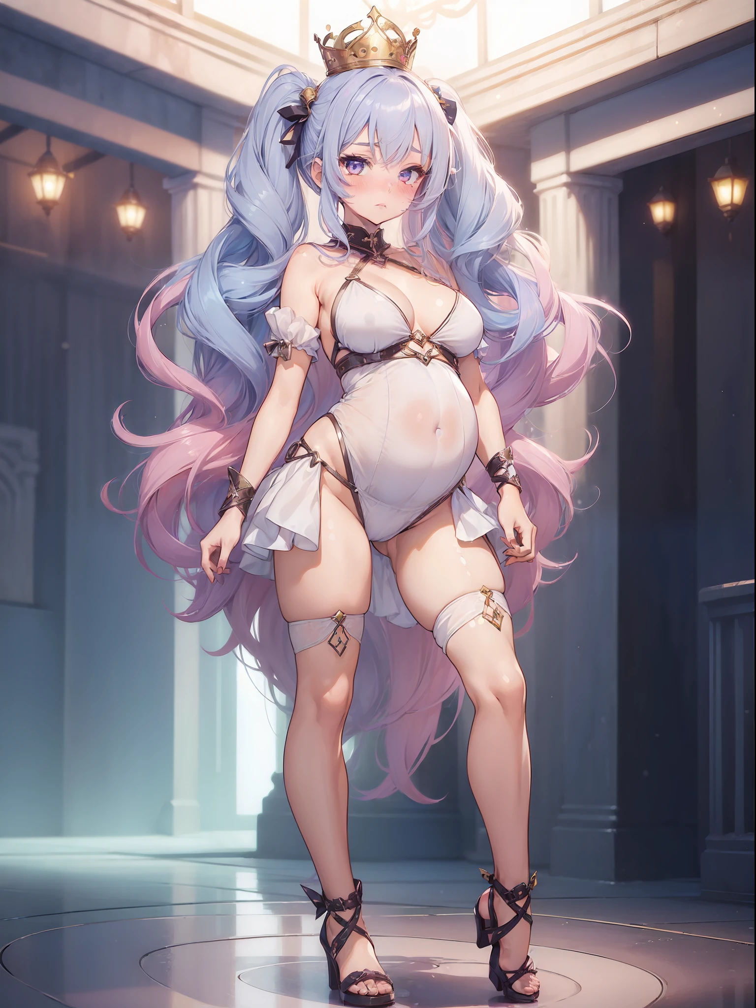 ((((1girl)))), sexy mature princess, gradient hair, heterochromatic eyes, embarrassed face, nose blush, blushing, bikini bodysuit, crown, (((full body shot))), opaque clothing, different colored eyes, pregnant, pigtails, (((mature)))