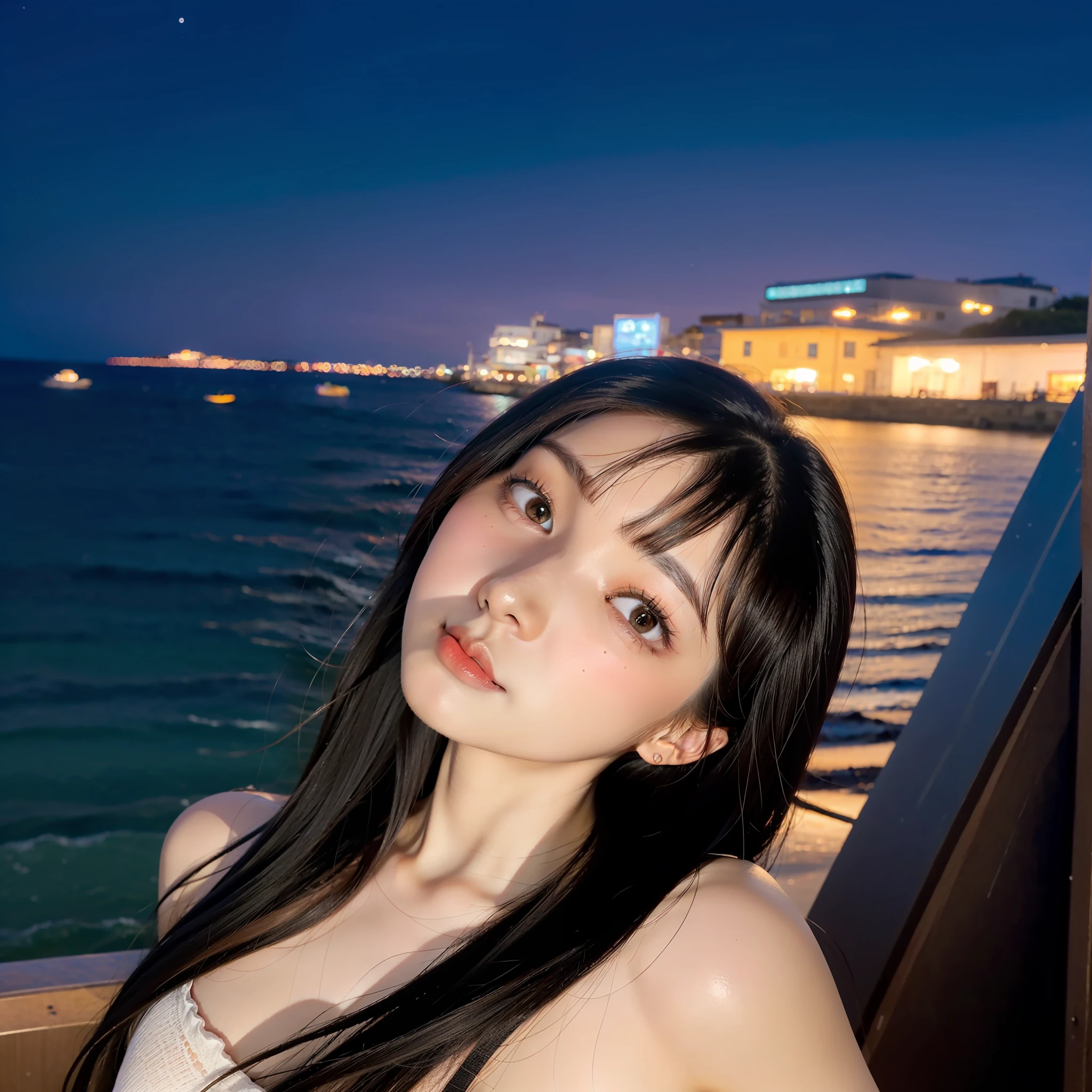 A little more of the whole body is shown.、It's like looking back while walking by the seaside