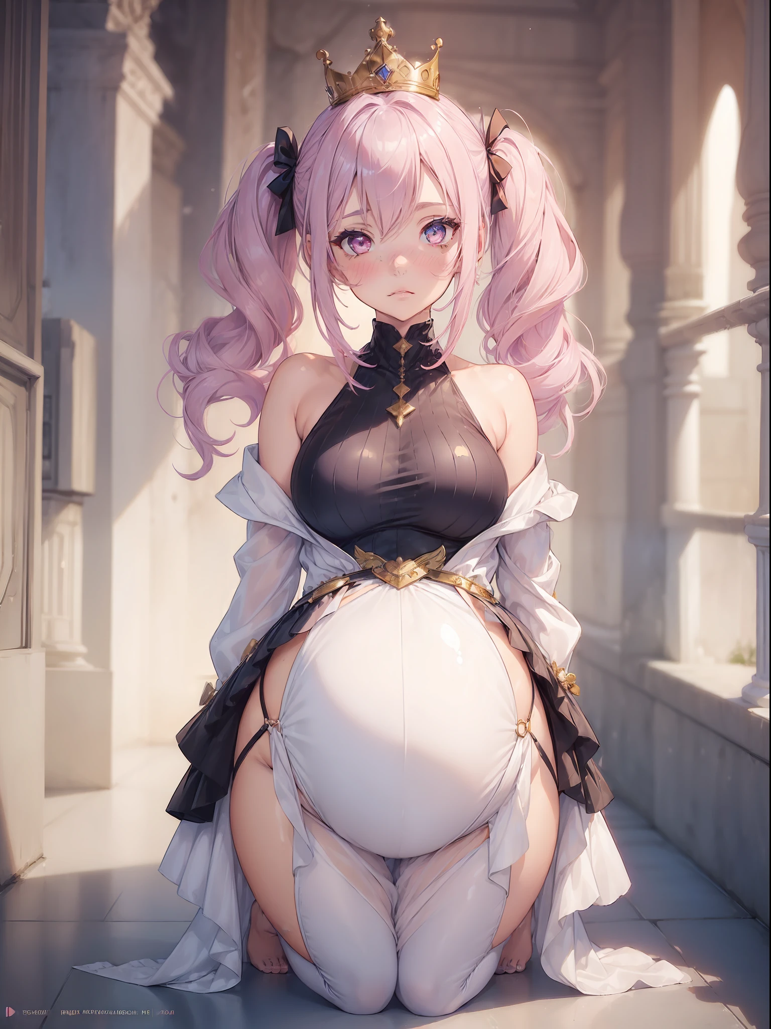 ((((1girl)))), sexy mature princess, gradient hair, heterochromatic eyes, embarrassed face, nose blush, blushing, bikini bodysuit, crown, (((full body shot))), opaque clothing, different colored eyes, pregnant, pigtails, (((mature)))