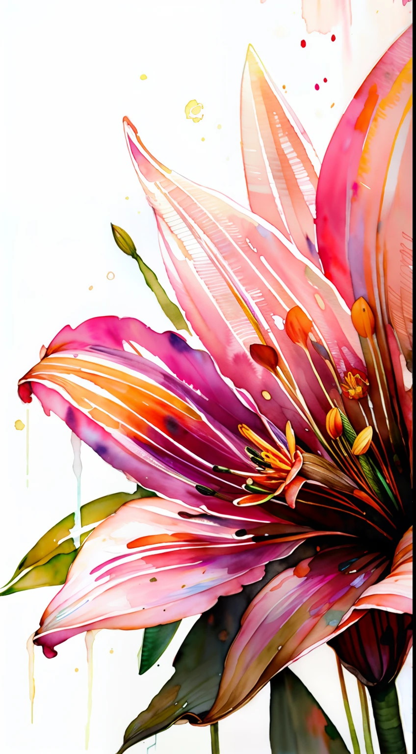 wtrcolor style, digital art of (lilies), official art, blown by the wind, masterpiece, beautiful, ((watercolor)), paint splatter, intricate details. Great detail, [dripping:0.5], trending on Artstation, Rachel Walker