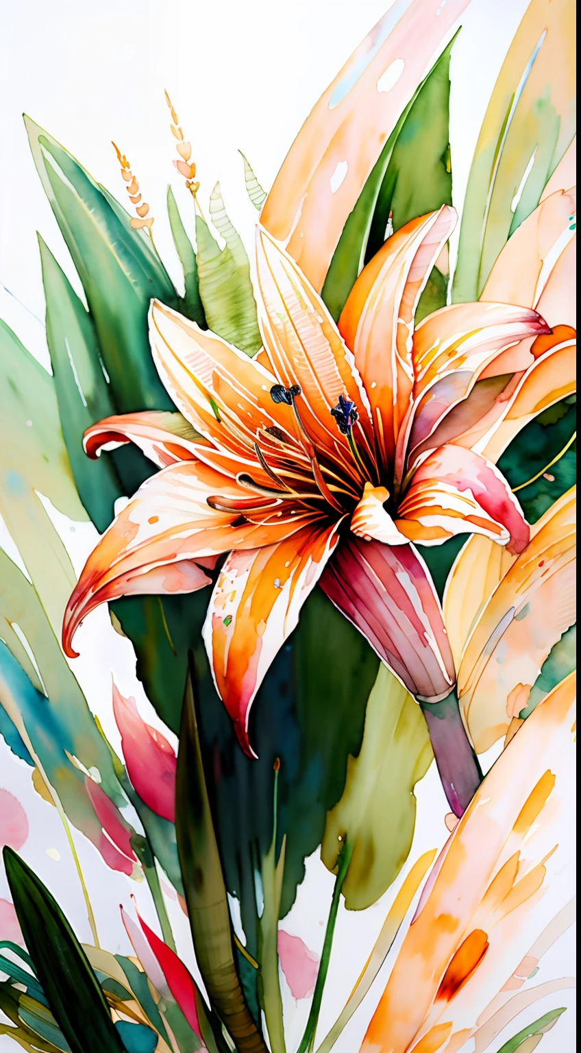 wtrcolor style, digital art of (lilies), official art, blown by the wind, masterpiece, beautiful, ((watercolor)), paint splatter, intricate details. Great detail, [dripping:0.5], trending on Artstation, Rachel Walker