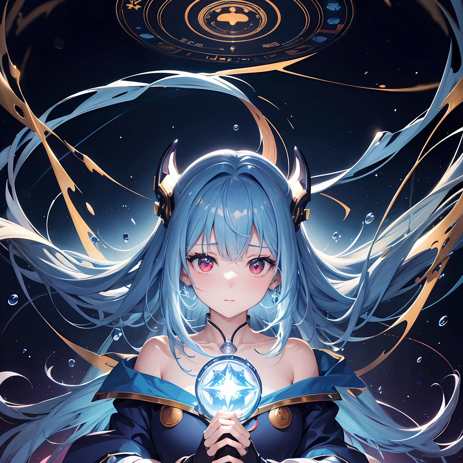 high image, super detail, high resolution, anime, manga, illustration, cute girl android, flowing layered messy medium blue hair, sparkling big red eyes, slender, full body, white robe, background Northern Renaissance style, fantasy, galaxy, magic circle, kaleidoscope, give off rainbow and gold neon light many lines radially from floor and ceiling, cyber punk, water droplets, splashes --auto
