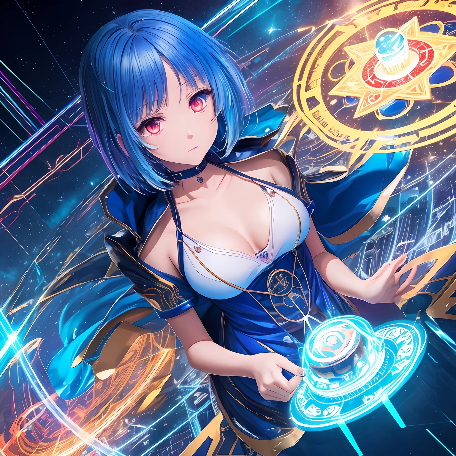 high image, super detail, high resolution, anime, manga, illustration, cute girl android, Expressionless, flowing layered messy short blue hair, sparkling big red eyes, slender, full body, white robe, background Northern Renaissance style, fantasy, galaxy, magic circle, kaleidoscope, give off rainbow and gold neon light many lines radially from floor and ceiling, cyber punk, water droplets, splashes --auto