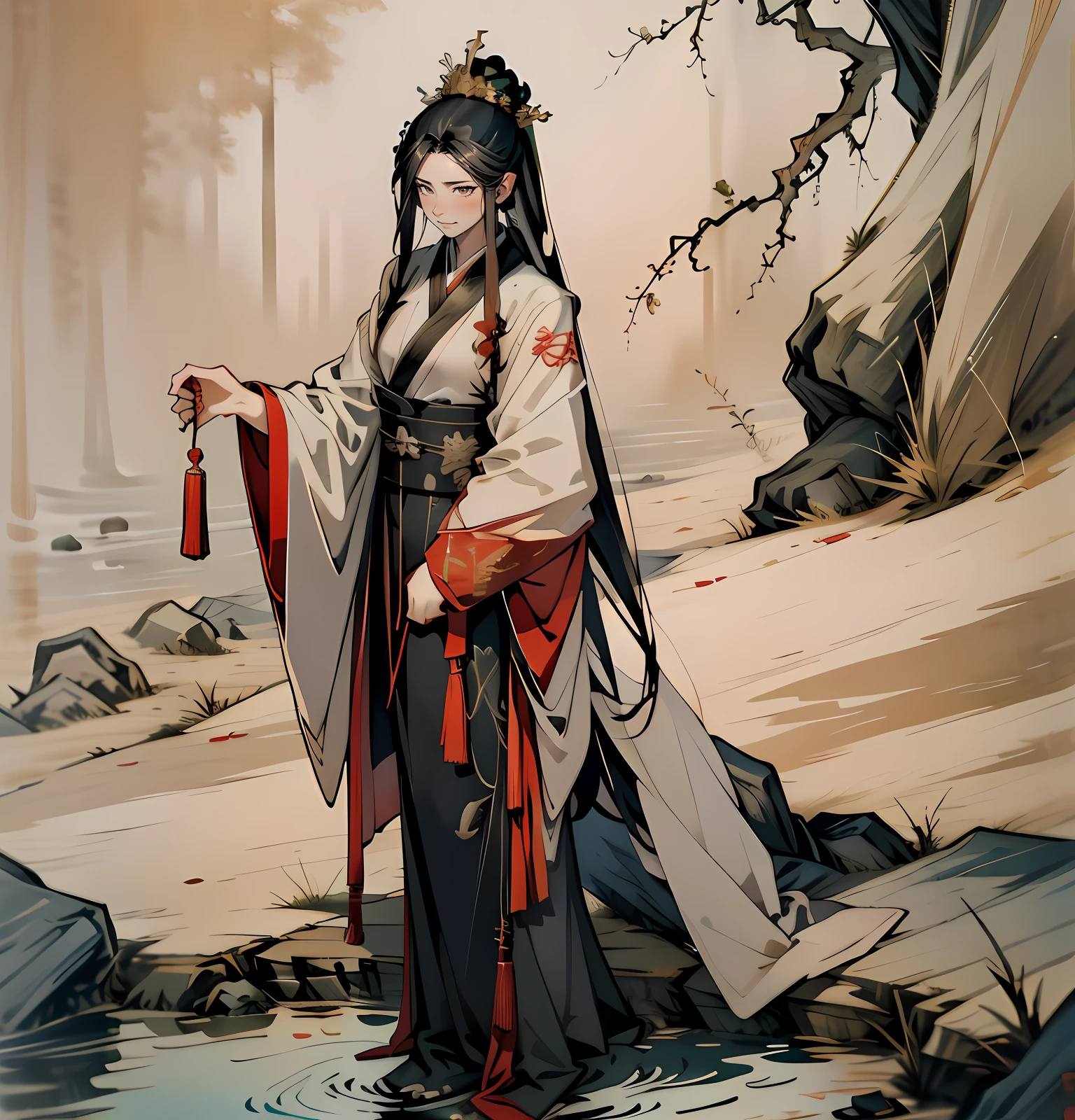She was like a female emperor,Wearing Chinese Hanfu,The clothes are big red, Elegant and luxurious,The temperament of the ancient queen can be seen from her,Like Wu Zetian,She is Xiao Wei in the painting skin,fox demon,There are ghosts around,It's the devil,Also God,Draw a full-body image
