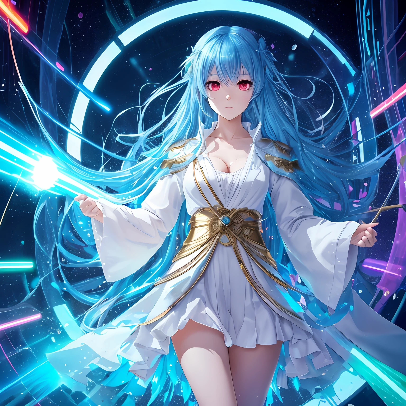 high image, super detail, high resolution, anime, manga, illustration, white robe, cute girl android, Expressionless, flowing layered messy medium blue hair, sparkling big red eyes, slender, full body, background Northern Renaissance style, fantasy, galaxy, magic circle, kaleidoscope, give off rainbow and gold neon light many lines radially from floor and ceiling, cyber punk, water droplets, splashes