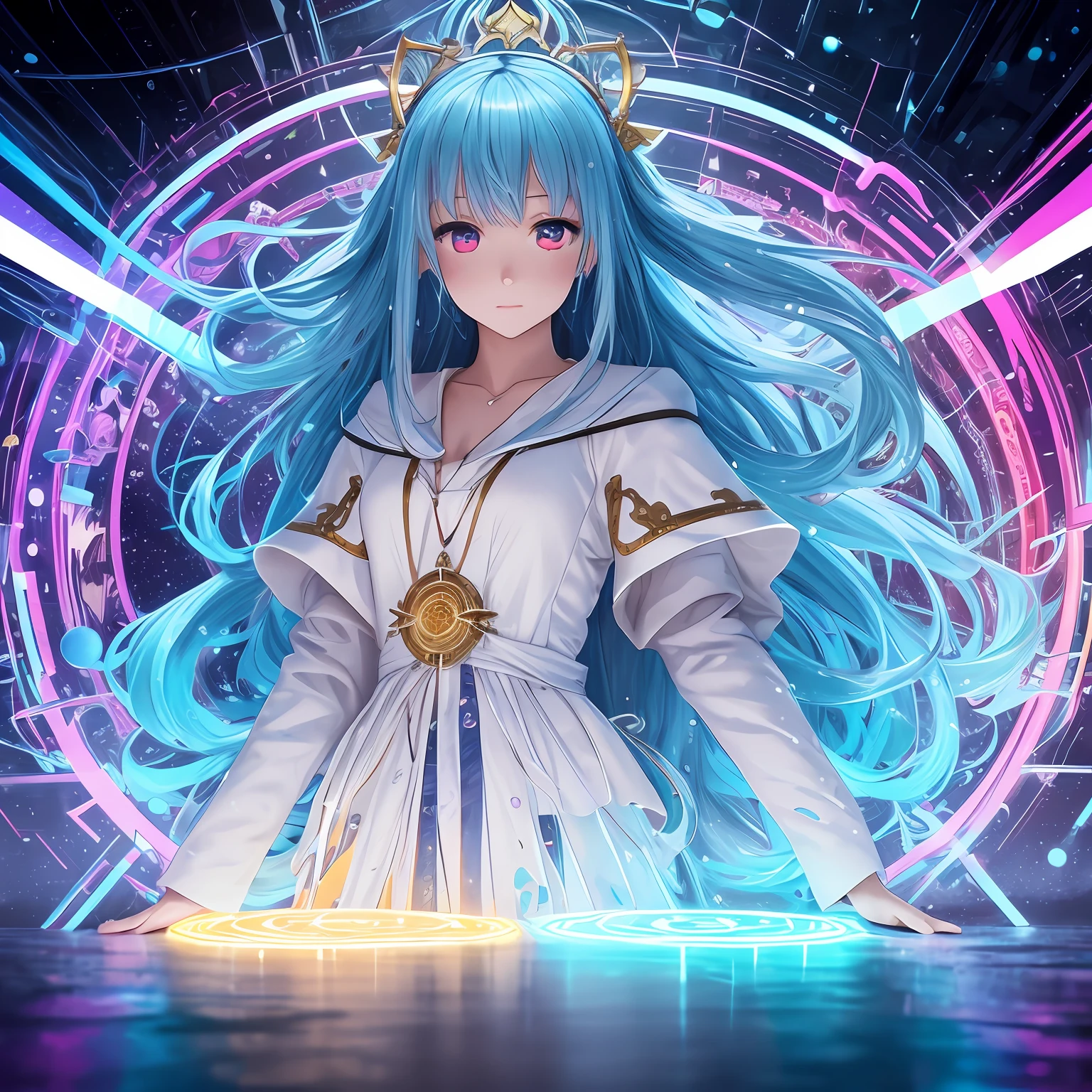 high image, super detail, high resolution, anime, manga, illustration, white robe, cute girl android, Expressionless, flowing layered messy medium blue hair, sparkling big red eyes, slender, full body, background Northern Renaissance style, fantasy, galaxy, magic circle, kaleidoscope, give off rainbow and gold neon light many lines radially from floor and ceiling, cyber punk, water droplets, splashes