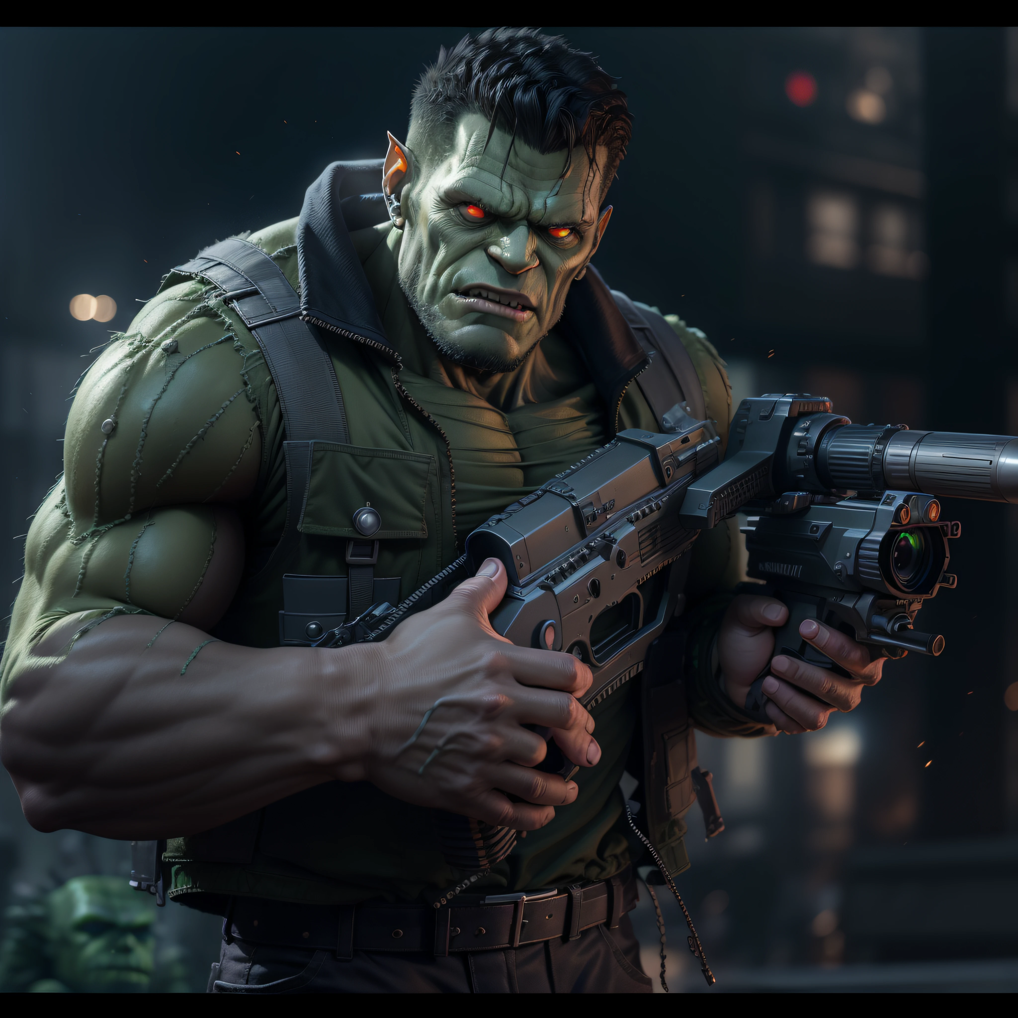 (Masterpiece, Superb Quality, Super Delicate, High Resolution) (((Military flak jacket and pants))) (((Marvel's hulking frankenstein's Monster))) (((holding gatlin gun))) (((Pale skin))), photo-realistic, octane render, unreal engine, ultra-realistic, (((marvel's pale skinned frankenstein's monster))) (((no marks on skin))) (((in the Dark City))), moon in the background, ultra-realistic, Masterpiece, octane render, unreal engine