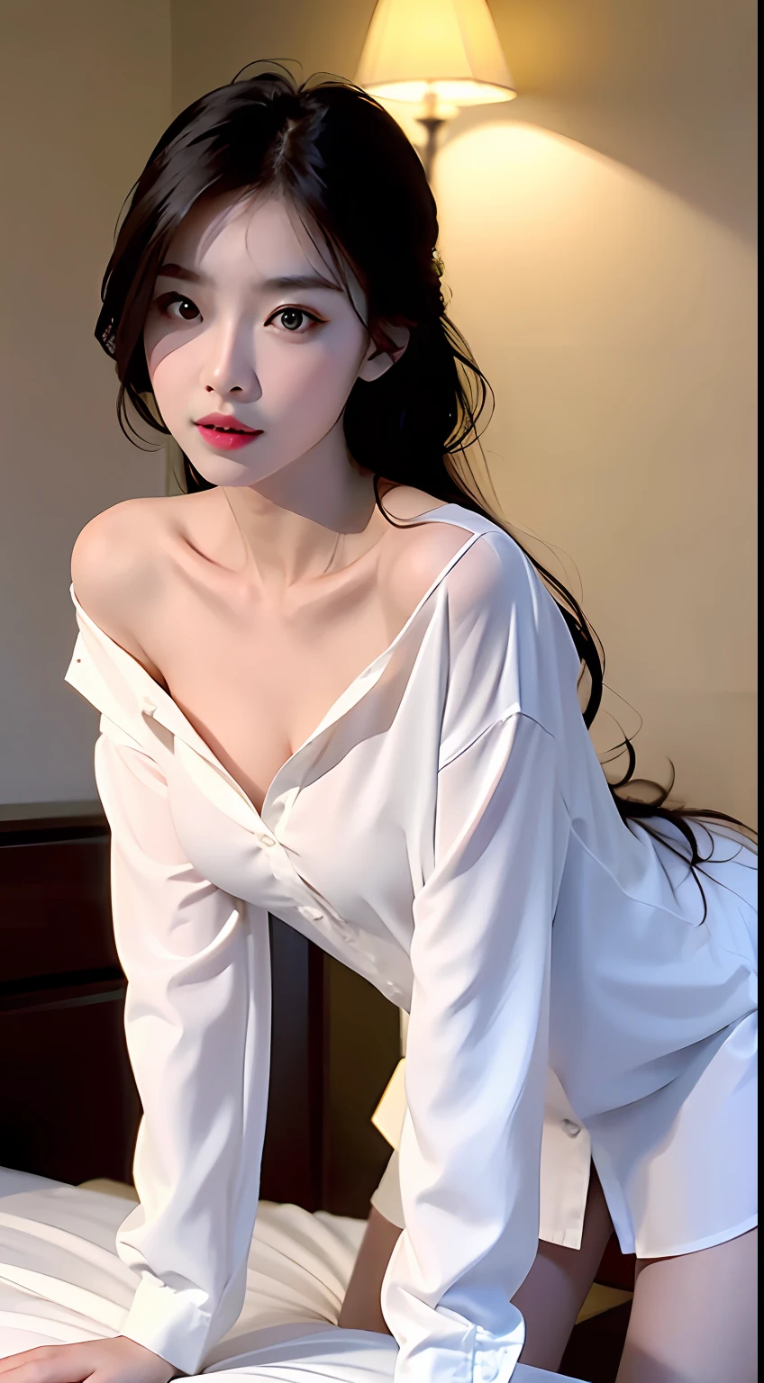 Light fabric one-piece white shirt:1.2、oversized white shirt、Valley、Unbutton the chest、Brachira、nffsw_Shirt_nopants, ,8K, (A sexy),cute little,(realisitic:1.1), (Photorealsitic:1.1), (masterpiece:1.1), (top-quality:1.1), Raw photography, hight resolution, ultra-detailliert, high-definition RAW color photography,professional photograpy,masterpiece, top-quality,realisitic,realskin,1girl in,Low_keys,独奏,illuminating,shorth hair:1.1,Bedrooms、Evening glow,sunrises,evening,
beautiful finely detailed eyes、(blush of the nose)、(all-fours:1.1)、Thin rag、stick out buttocks:1.2、finerly detailed face、Braid hair, g-cup, Cute,kawaii,Backshots,
(详细的脸:1.2)、Extremely beautiful face、