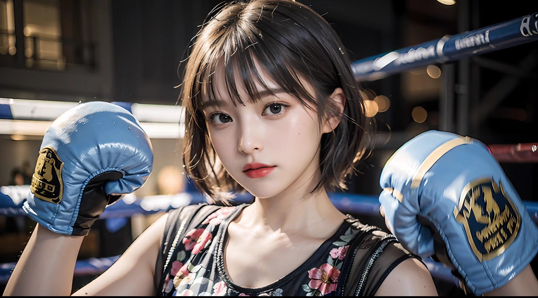 Best Quality, Very elaborate CG Unity 8K wallpapers, boxer, (Photorealsitic:2), 超A high resolution, Highly detailed, A hyper-realistic, 1girl in, (Boxing gloves), Floral pattern,  colourfull_head_hair、(((very_short_head_hair))), Short hair, Full Shot, Looking at Viewer, ((Boxing rings)),  Bright atmosphere, spot light, Detailed background