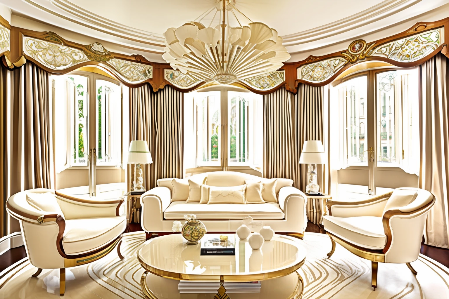 Living room in Barcelona, modernist, Art Nouveau, Gaudy inspired decoration and architecture. Large window with creamy white curtains. Furniture with curvy lines. Palette of white, beige, russet, green, lila, maroon, taupe.