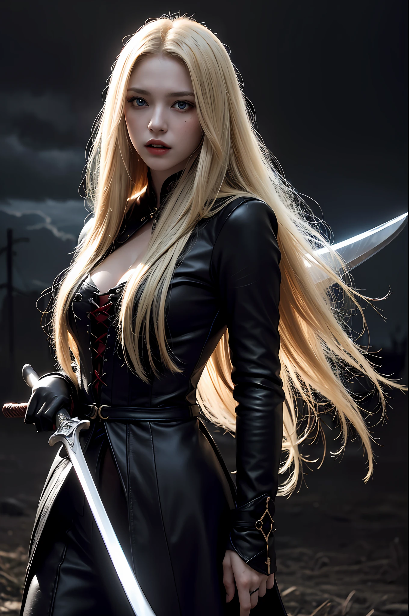 Best quality, masterpiece, ultra high res, (photorealistic:1.4), raw photo, 1vampire girl, long blonde hair, detailed eyes and face, (weaing black vampire costume, bring eccentric sword), spot lighting, in the dark, deep shadow, low key, cowboy shot full-lenght body, ((open eyes:0.4)), clouds with lightning,