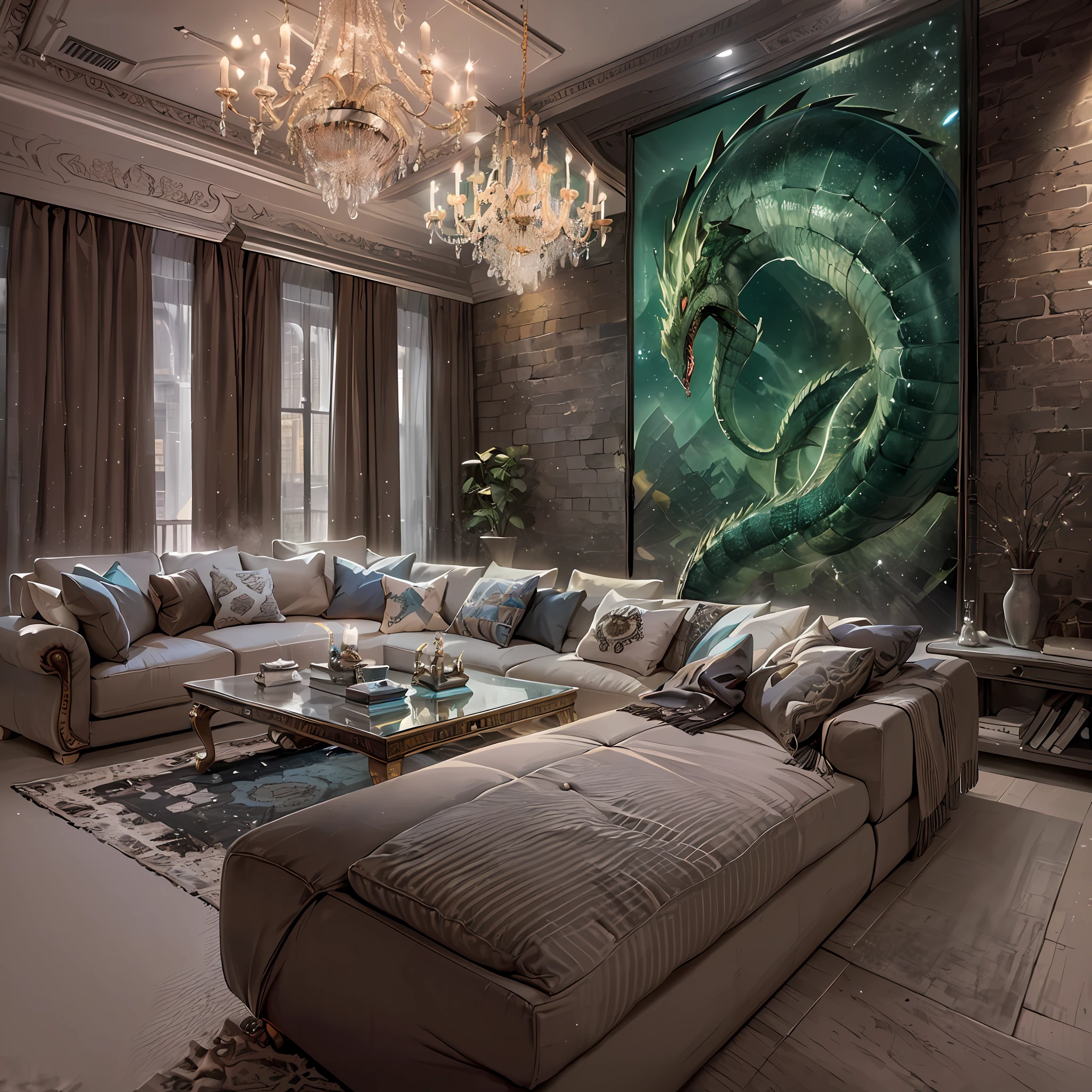 high details, best quality, 8k, [ultra detailed], masterpiece, best quality, (extremely detailed), dynamic angle, ultra wide shot, photorealistic, modern living room  room, fantasy art decoration (intense details, Masterpiece, best details: 1.5), decorative swords on the wall (intense details, Masterpiece, best details: 1.5), picture of a dragon on the wall (intense details, Masterpiece, best details: 1.5), large windows, night time, seeing moon light thorough window, stars, modern chandeliers, wine refrigerator, 2 sofas, large sofas (intense details, Masterpiece, best details: 1.5)