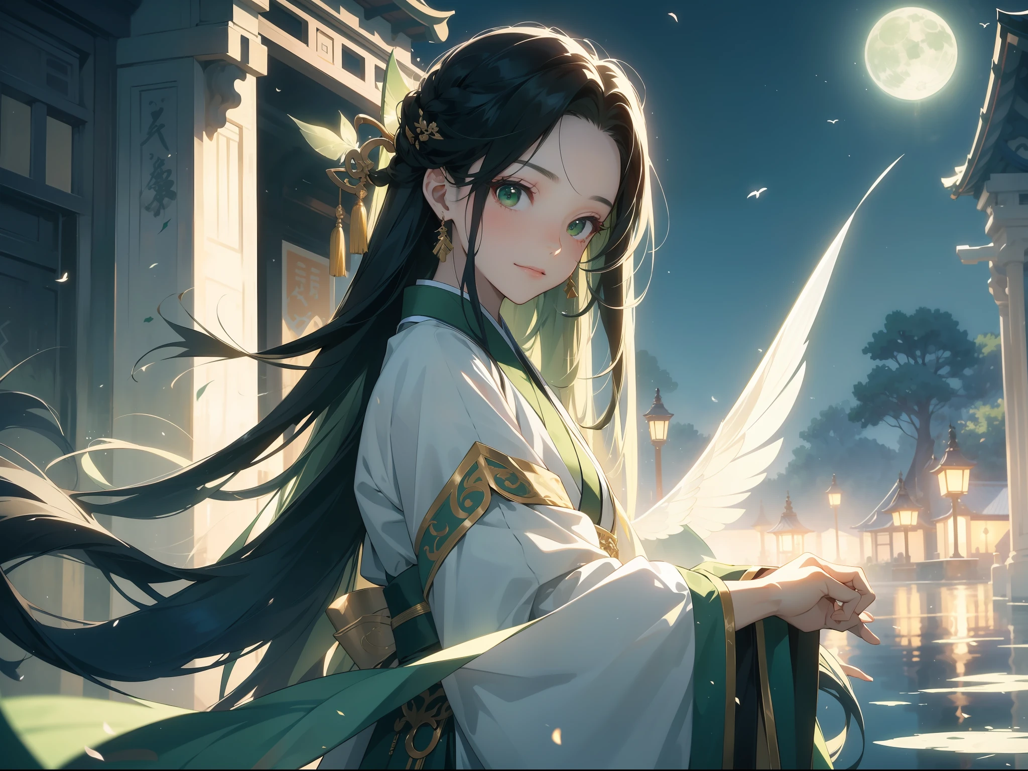 tmasterpiece，Ultra-clear image quality，16 yaers old，Long black hair fluttering，Green eyes，ssmile，Pale green hanfu，Look up at the perspective，，Background with:Lakeside in the moonlight