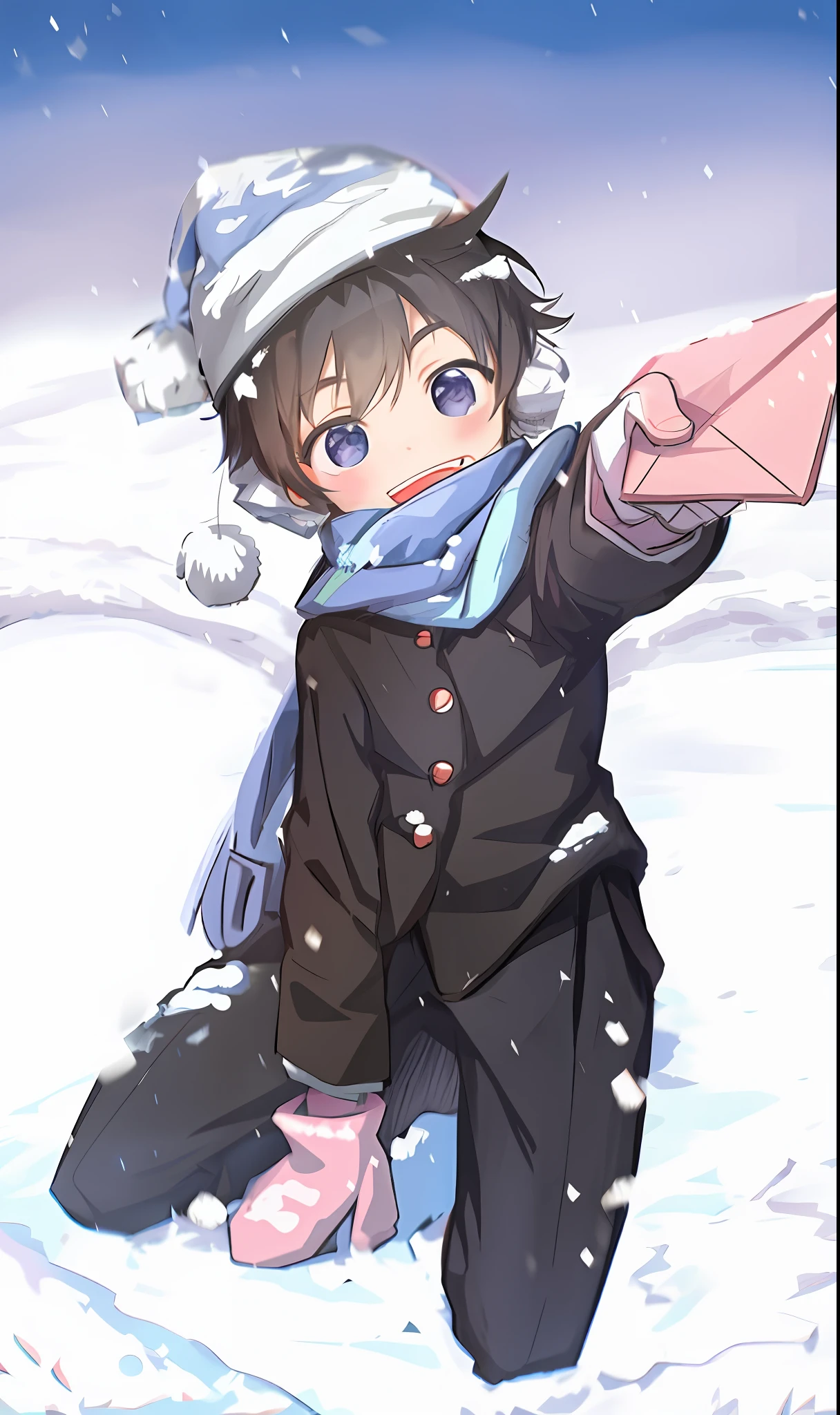 Anime boy in winter suit holding paper airplane in snow, In the snow, anime moe art style, in snow, inspired by Okumura Togyu, profile picture 1024px, official fanart, High-quality fanart, Cute anime, Guviz-style artwork, in the winter, pixiv contest winner, Anime boy