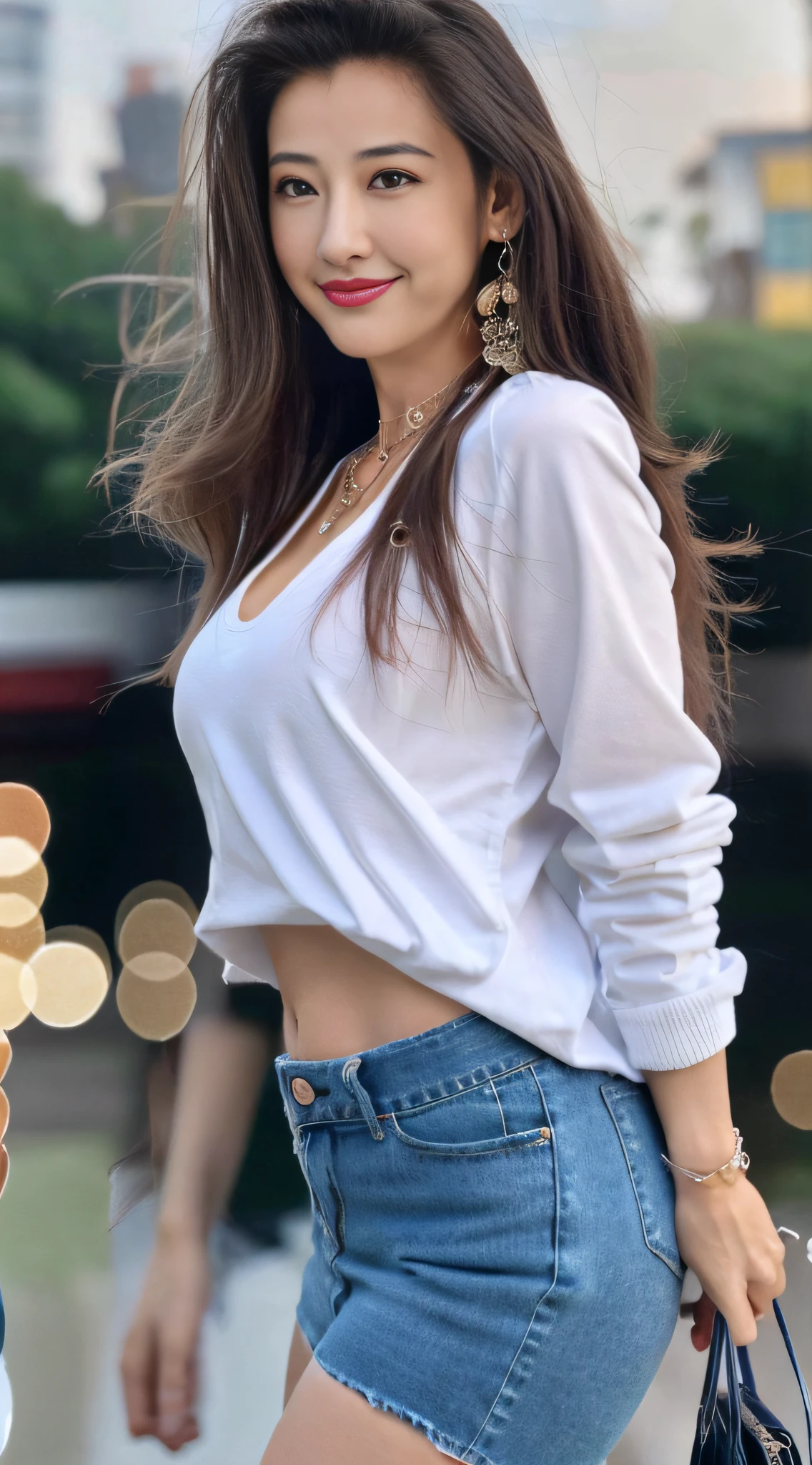 Photo Quality、An ultra-high picture quality、8K、32K、masterpiece、top-quality、1girl in、younggirl、Brown-eyed、length hair、Disappointed_Face smile、shinny skin、(Nice leg line:1.3)、thin-waist、huge-breasted、
、khaki colors_utility_Jacket、white_tshirts、Ripped_skinny_jeans、Black_lowfers、Structured_Handbag、Layered_Necklaces、
break
Around the crowd:1.1,depth of fields,Look at viewers,Looking from the side,full body Esbian
