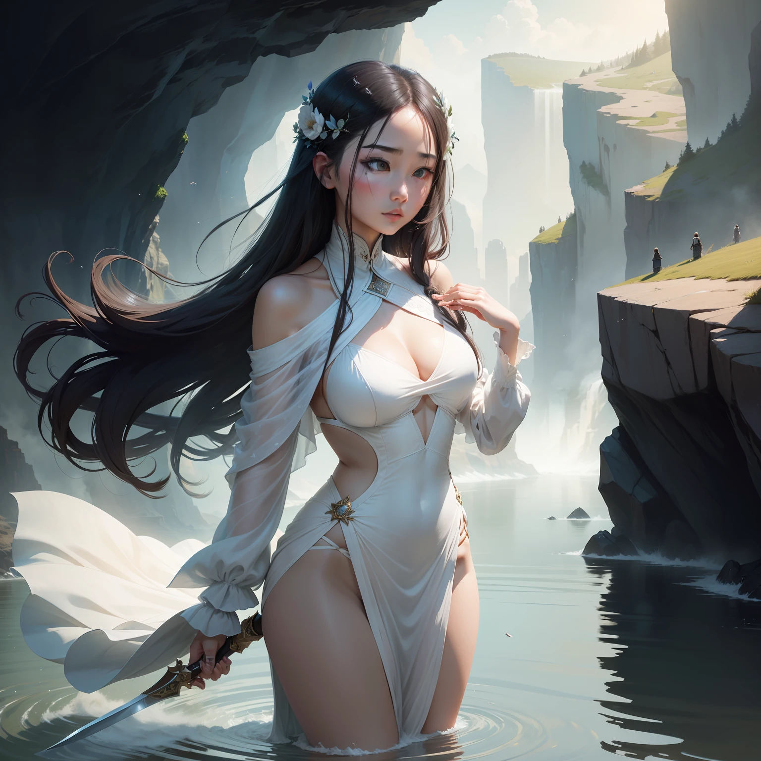 On the edge of the cliff,On a sunny day,A splendid natural landscape spreads out。The morning mist gradually cleared,A beautiful woman is reflected,She wore a transparent gauze dress,Light as the wind。Her long hair flowed,It was like an angel descending to earth。
The beauty gracefully got to her knees,Hands clasp a magnificent sword,The body of the sword shimmered softly。Her eyes were bright and determined,It seems to contain endless wisdom and determination。The corners of her mouth rose slightly,It conveys a sense of piety and mystery。
Around her,A variety of wildflowers and grass sway in the wind,It seems to be silently blessing her actions。Below the cliff,Deep canyons and surging water reflect her heroic posture,It adds a sense of grandeur and tragedy。
Her movements were slow and solemn,It's like offering a precious gift。Her fingers gently stroked the blade of the sword,Feel the history and power it contains。She looked up,Gaze into the firmament,It seems to be praying to heaven,It expresses her heart's unwavering belief and commitment。
This scene is like a wonderland,It's like a picture in a story。Her figure is one with nature,Let people marvel at the beauty and mystery of nature。In this moment of tranquility and solemnity,Time seems to stand still,Only her interweaving with the sword remains,and her devotional sacrifice to heaven。