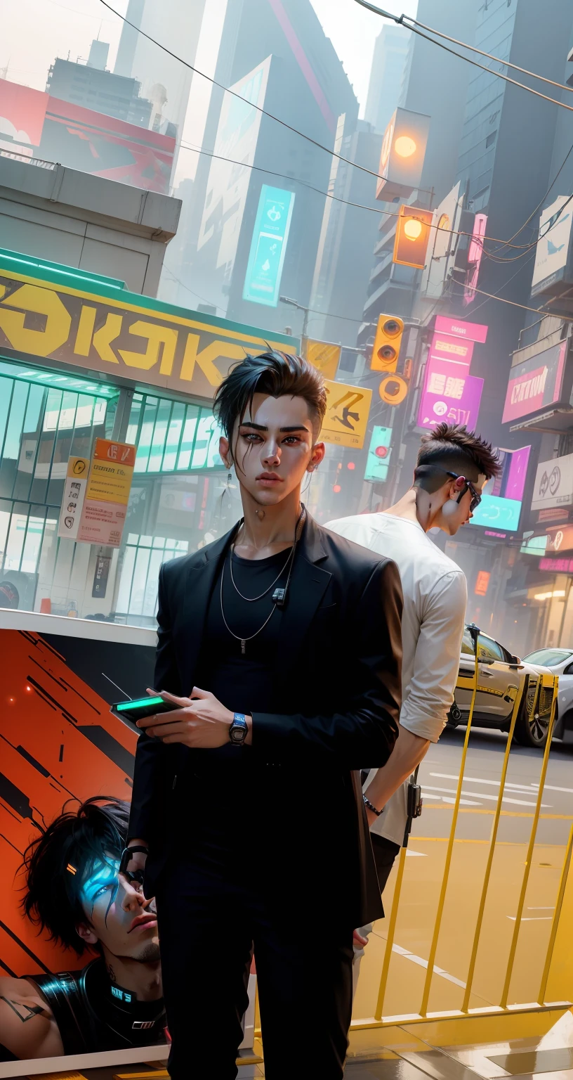 Change background cyberpunk handsome boy, realistic face,