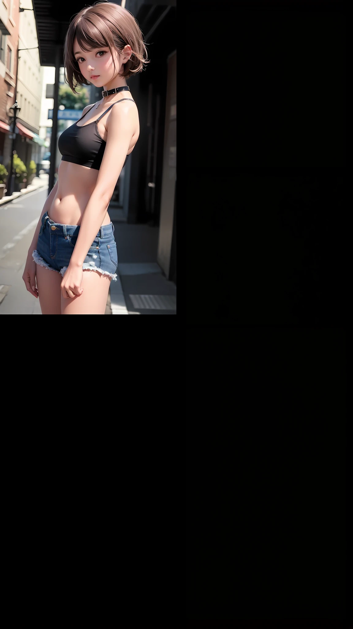 best qualtiy,realisticlying,realisticlying,ultra - detailed,1girll,独奏, portrait of upper body,close up photograph, standing on your feet,beautiful sky,(White transparent shirt),Black lace bra,denim pant,the city street,