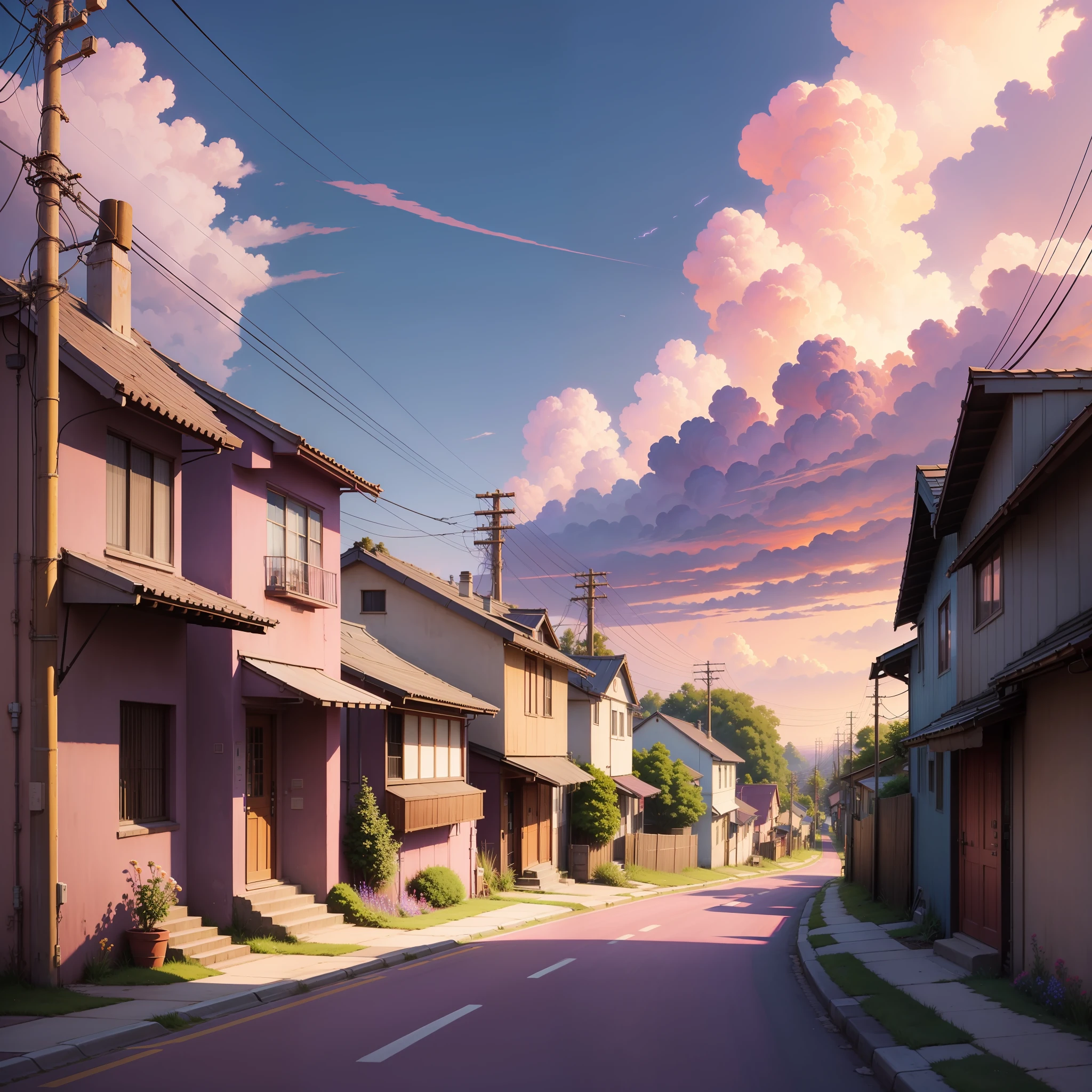 The painting style comes from Miyazaki Hayao WLOP,Purple sky,Pink clouds,Country streets,wildflowers,electrical wires,the street lights,illumination