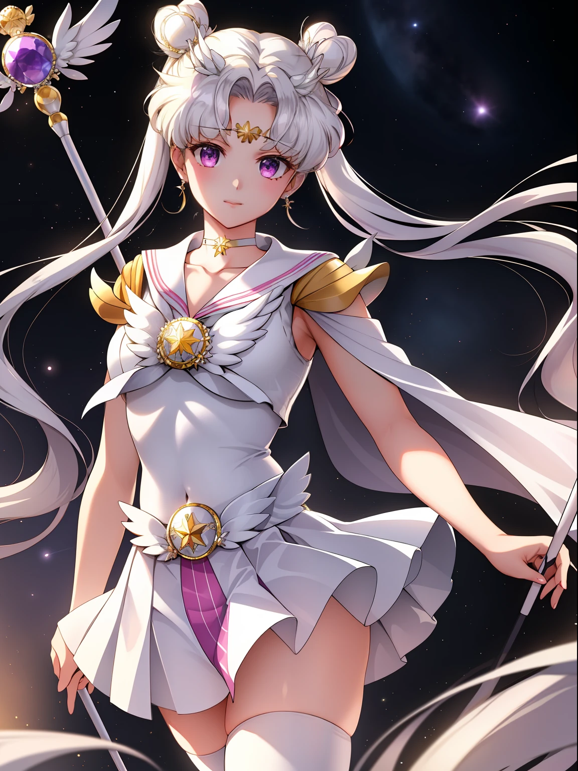 Photorealistic, (Hyperrealistic:1.2), (Extremely detailed Cg Unity 8K wallpaper), (Ultra-detailed), Masterpiece, Best quality, 1girll, Mariner Universe, standing, full bodyesbian,  Solo, Long hair, Skirt, hair adornments, double tails, jewelry, Purple eyes, White hair, Pleated skirt, Earrings, choker necklace, Sailor collar, hair-bun, Cape, Character name, double bun hair, face markings, White skirt, corsage, White sailor collar, Hairpin, forehead mark, a white choker, Sailor senshi uniform, holding staff，White stockings
