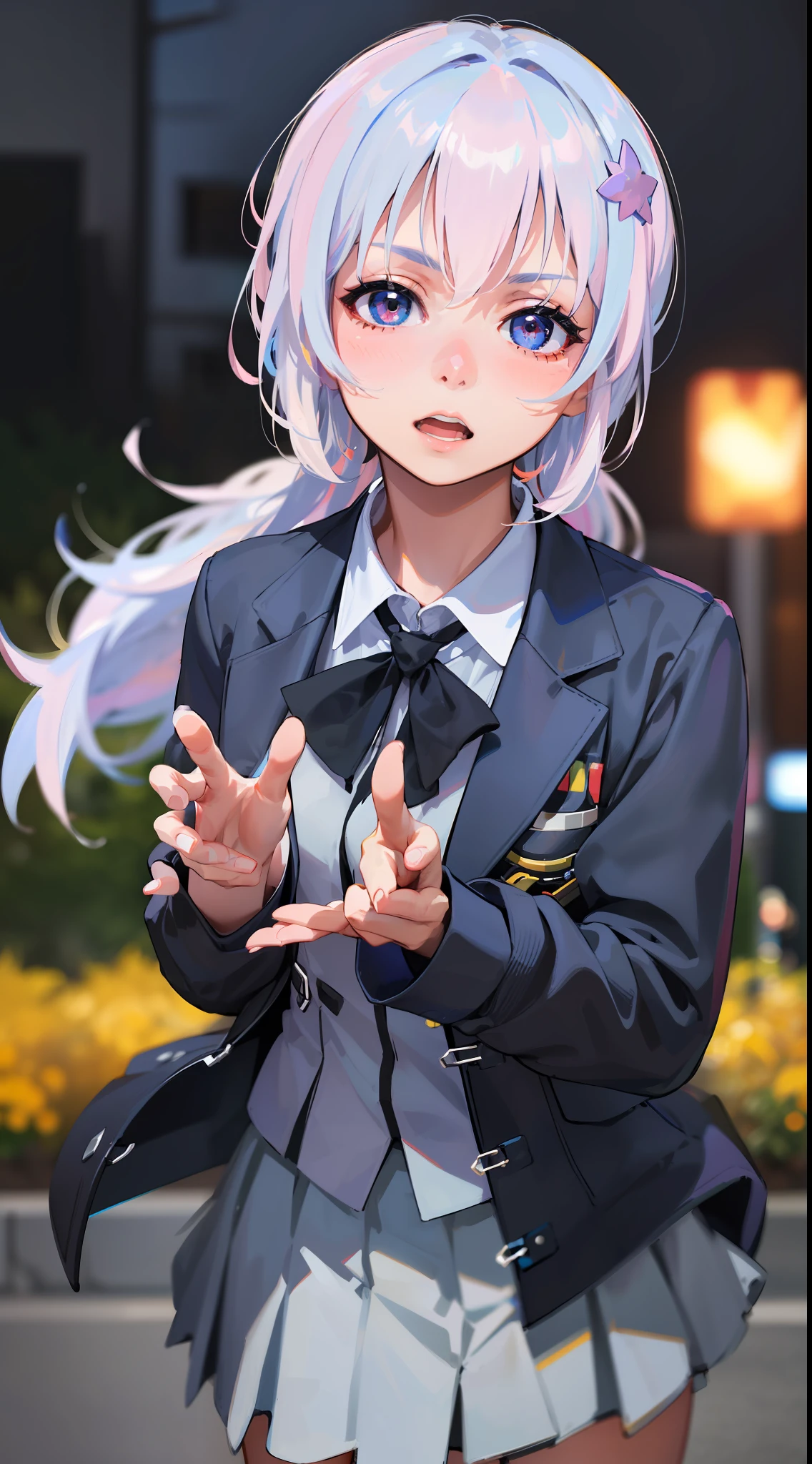 best quality, masterpiece, 1girl, Beautiful face, (photo realistic:1.3), rim lighting, (high detailed skin:1.2), 8k uhd, dslr, high quality, high resolution, 4k, 8k, Bokeh, absurdres, best ratio four finger and one thumb, (realistic:1.3), cute 1girl, wearing black formal blazer, medium breasts, short skirt,